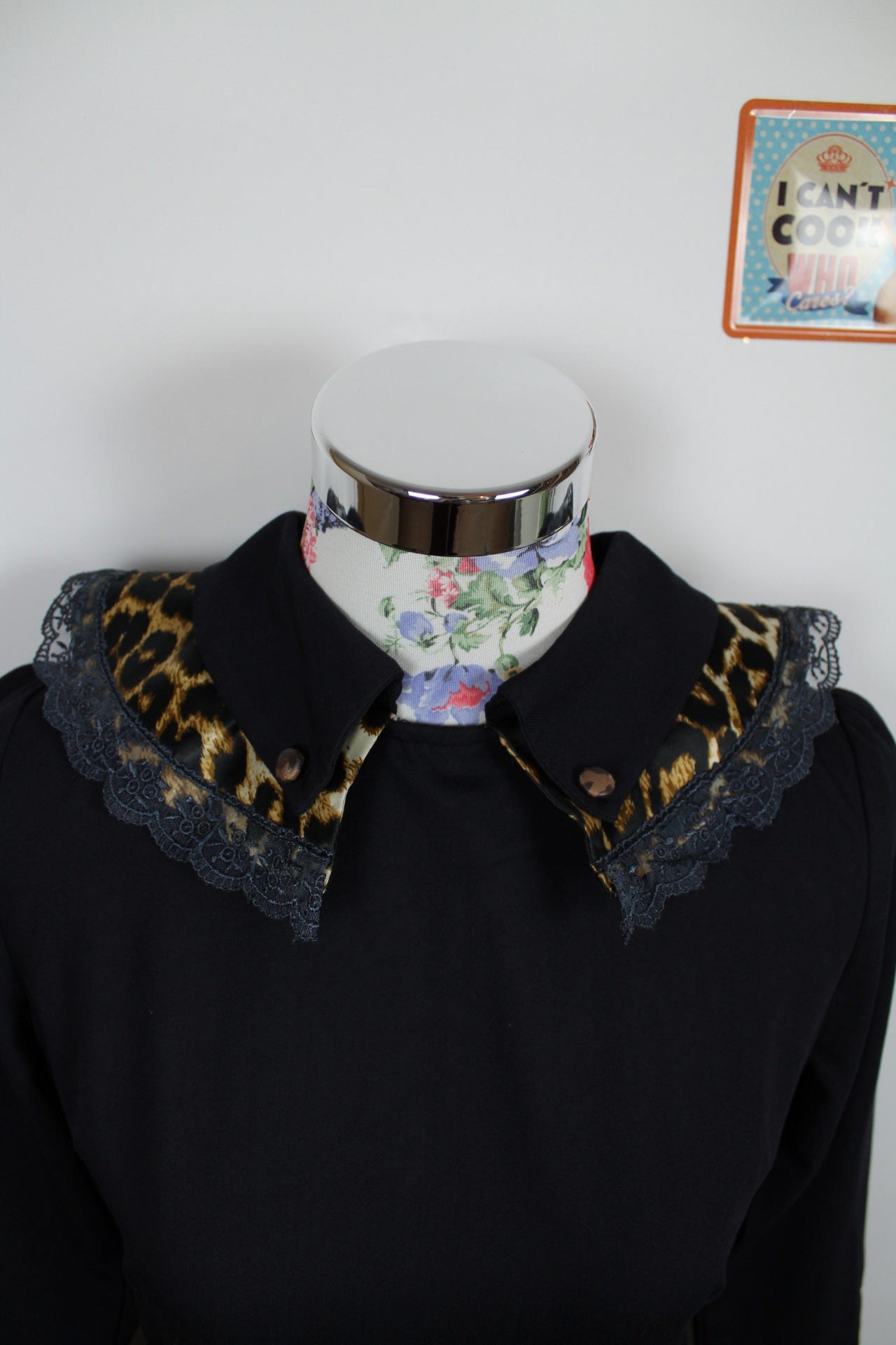 🌸Robe noire longue vintage 80's - empiècements léopard & dentelle - couture chic🍒