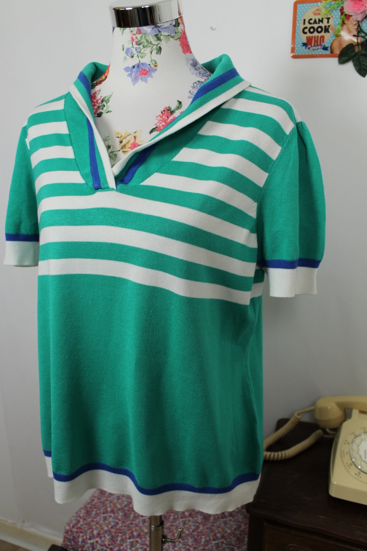 🍒🌸Polo rétro 80's rayé vert & blanc - Julie Guerlande - Taille 40/42🌸🍒