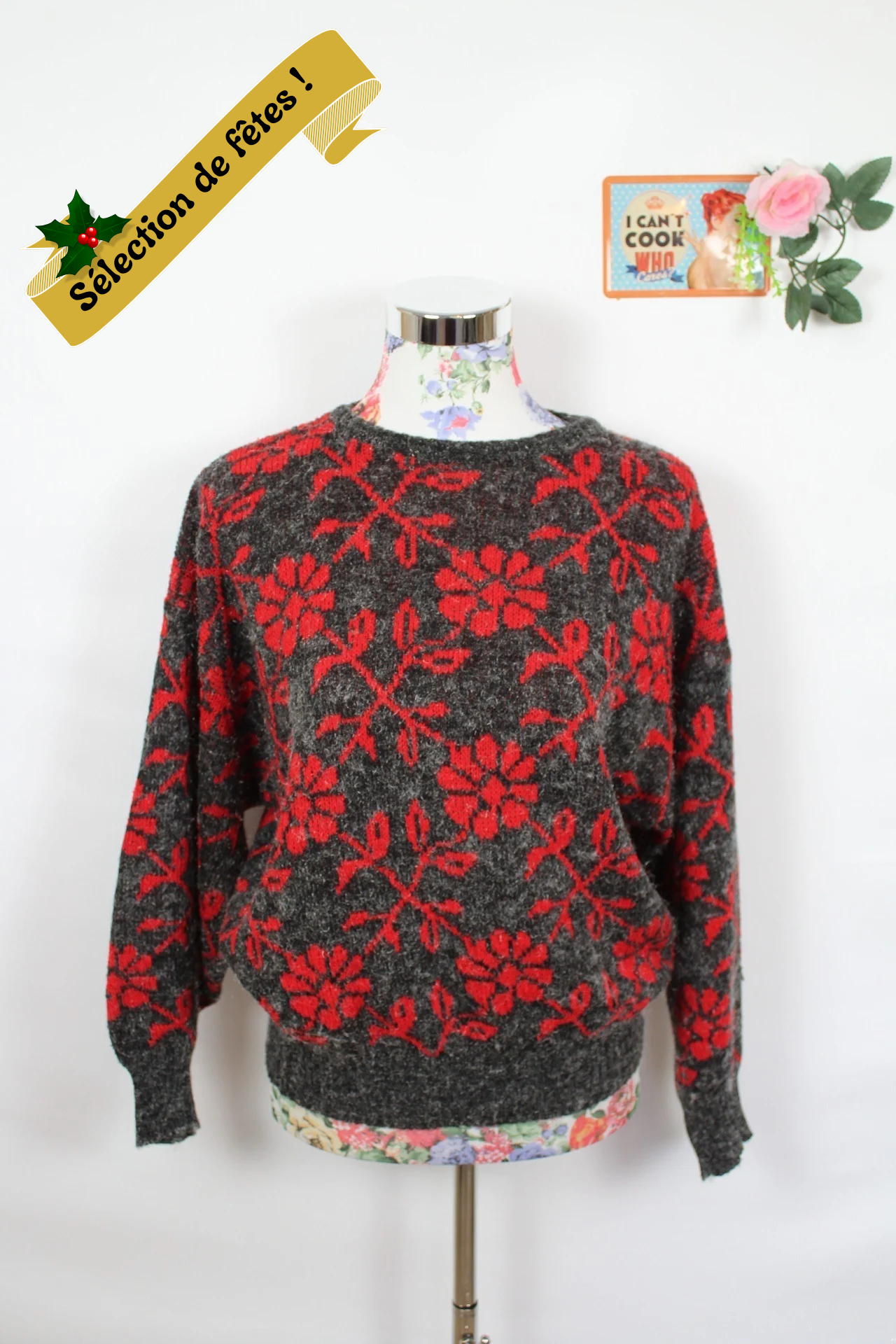 ✨Pull vintage 80's motif floral rouge & fil argenté - manches chauve-souris✨