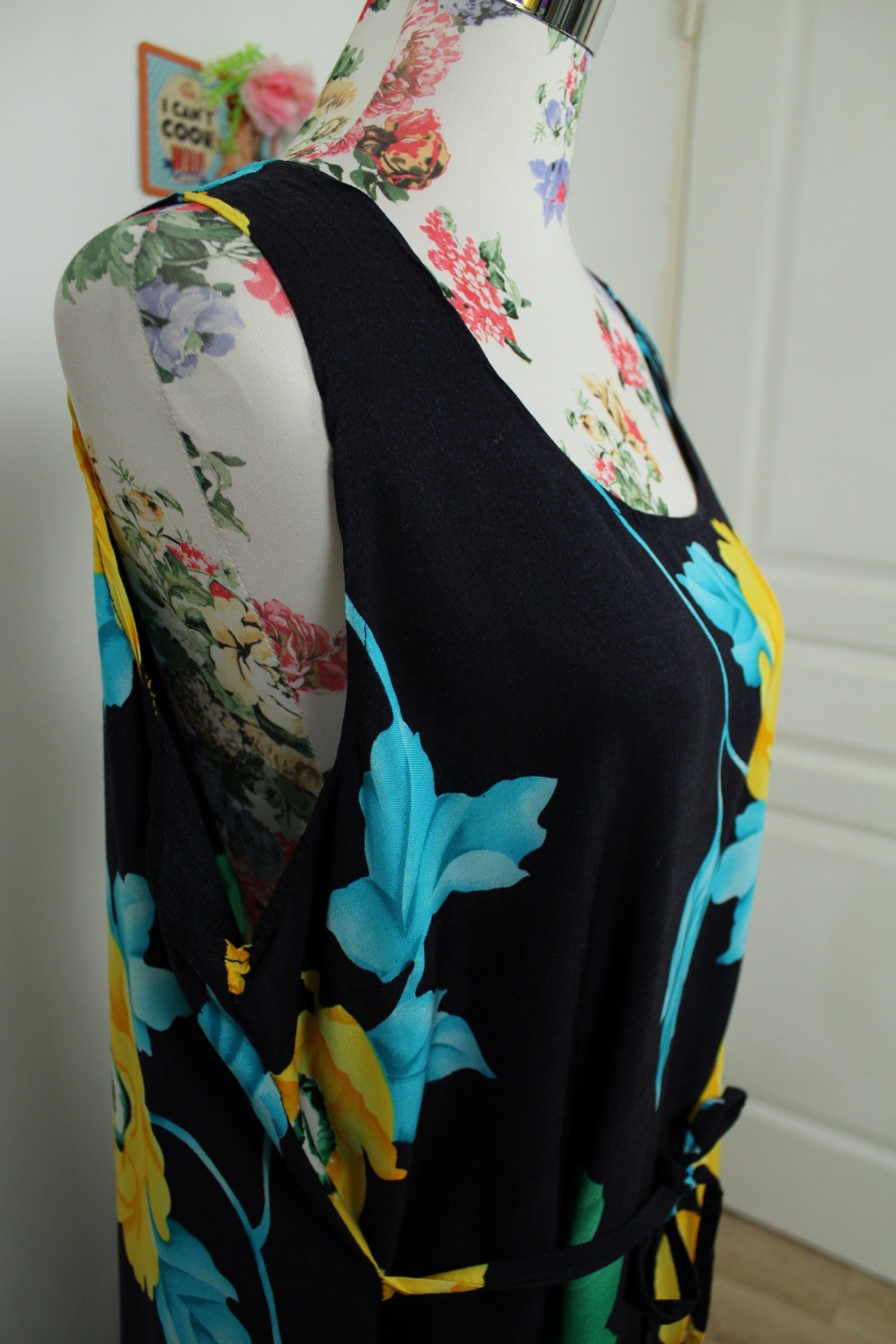 🌸🍒Robe longue vintage 90's bleue marine - fleurs jaunes ensoleillées XXL - Taille 42/44🍒🌸