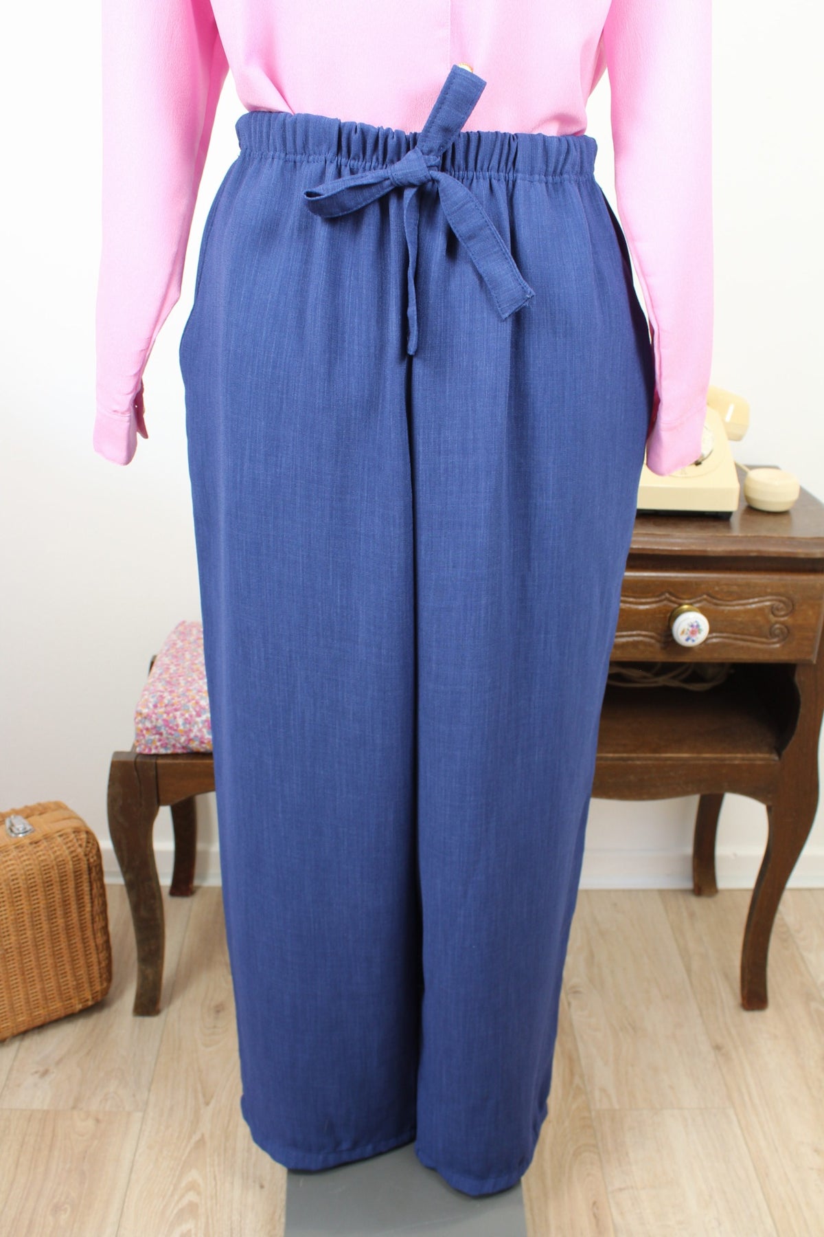 Pantalon vintage années 80/90 bleu profond - taille à nouer - Taille 44/46