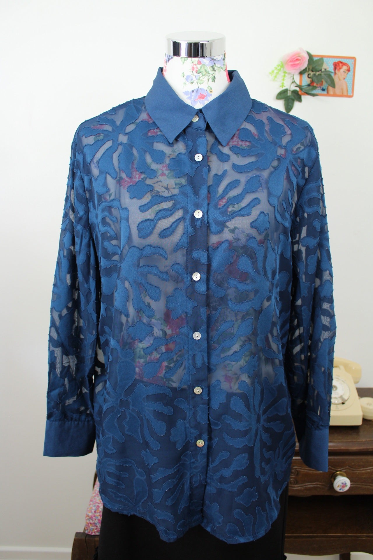 🍒🌸Chemise vintage 80/90s bleu marine - voile transparent - Taille 40/42🌸🍒