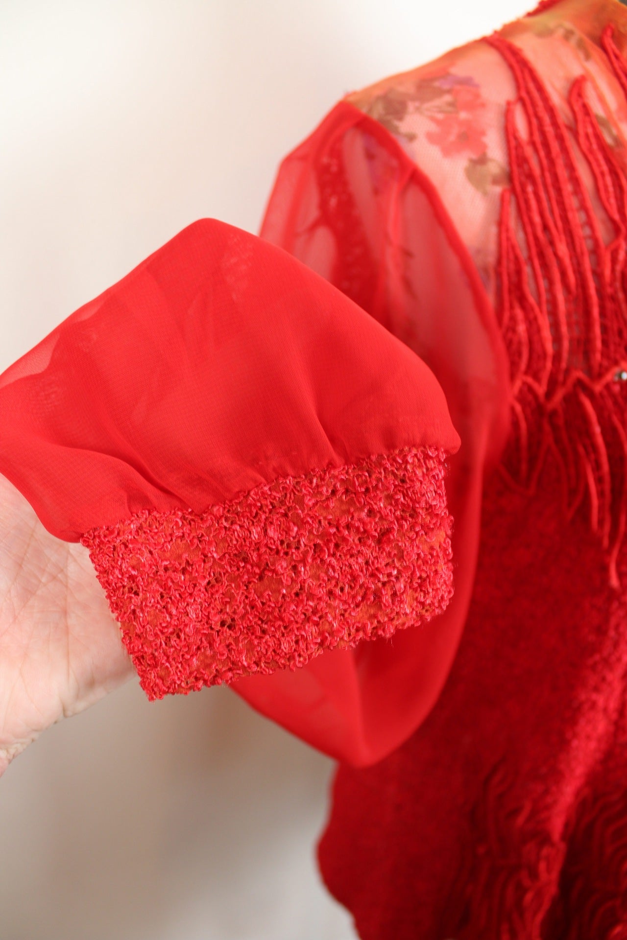 🎄Blouse rouge festive vintage 90's - dentelle, strass & manches transparentes - Look Noël glamour🎄