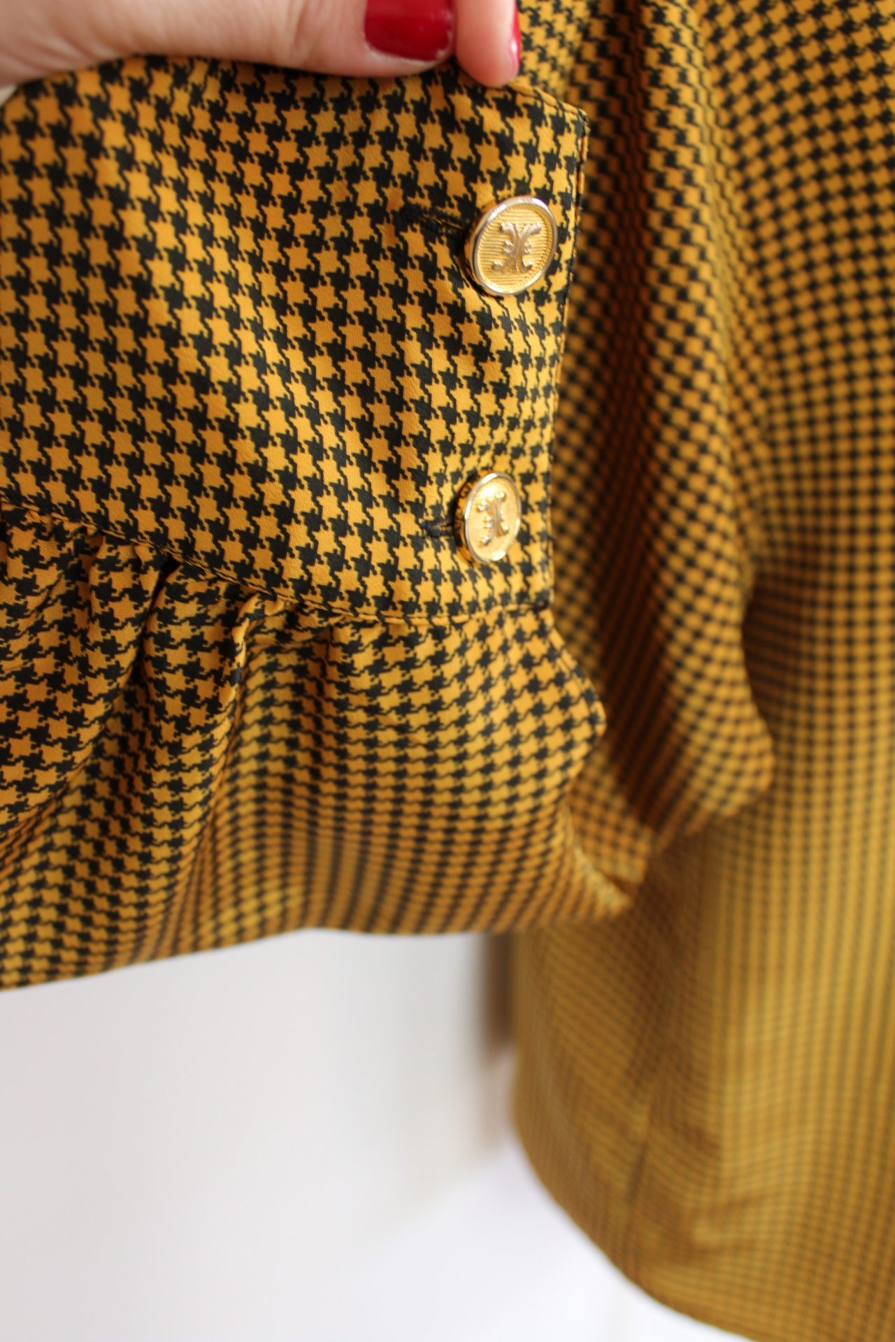 🌸Chemise vintage 80s chic - pieds de poule moutarde & boutons dorés🍒