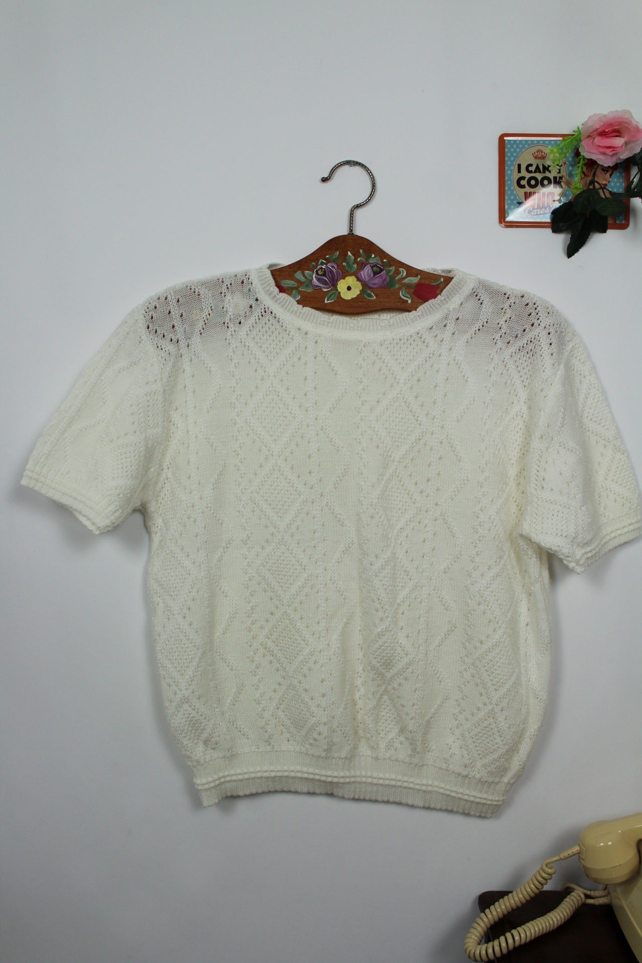 🌸🍒Pull blanc vintage 90's ajouré manches courtes - made in France - Taille 40/42🍒🌸