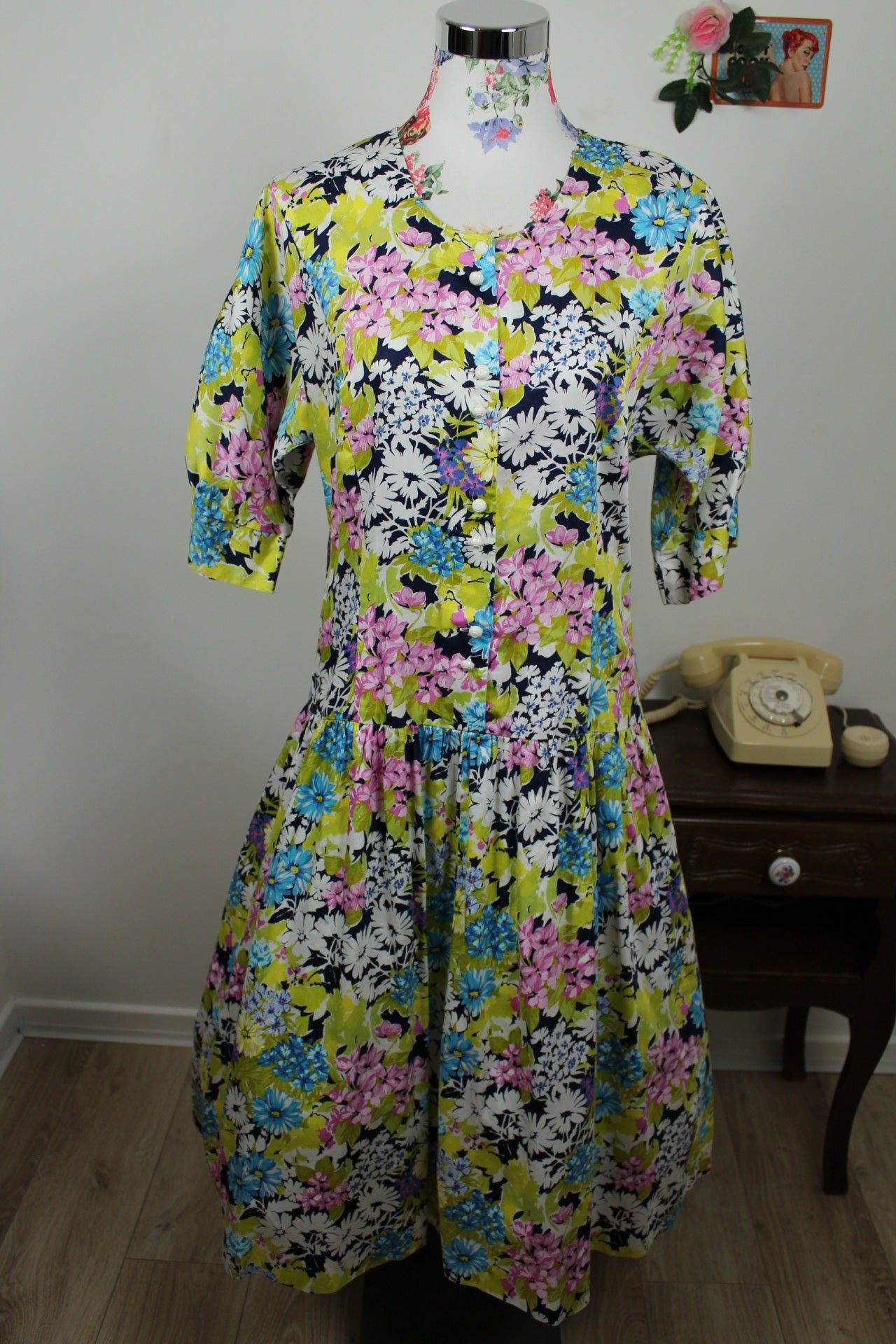 🌸🍒Robe vintage 80's fleurie Gevana - manches bouffantes 100% coton - Taille 38/40🍒🌸