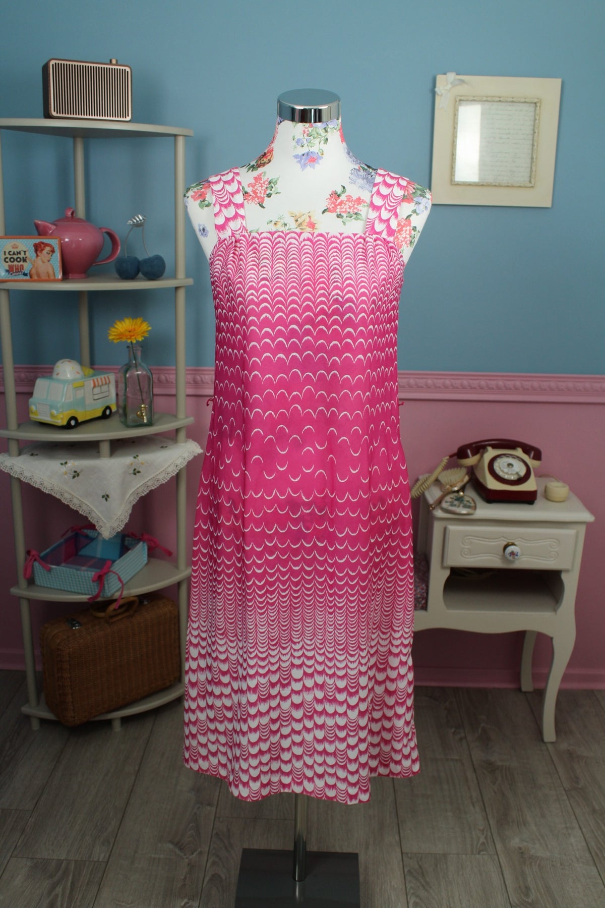 Ensemble robe + boléro vintage années 70 rose pep's motif coquille - Taille 36