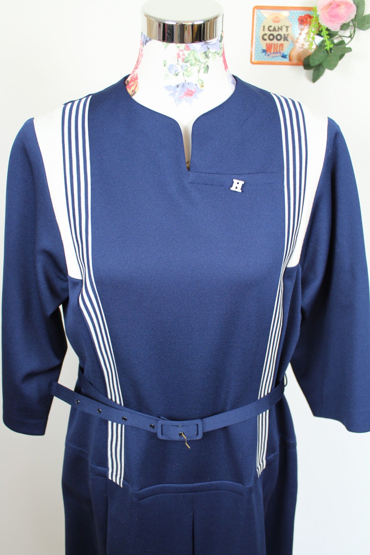 🌸Robe vintage 70's bleu marine - style navy chic, col officier & ceinture assortie🍒