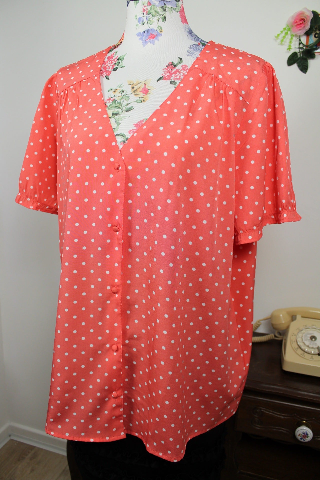 🌸🍒Blouse style rockabilly/pin-up rose corail à pois - Taille 44🍒🌸