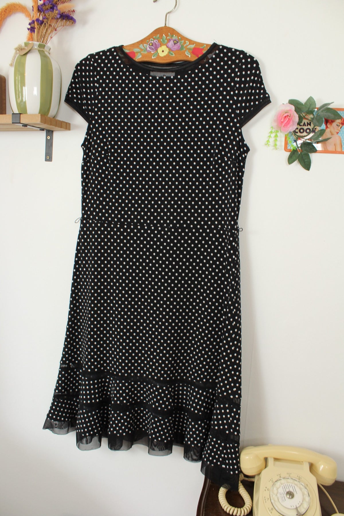 🌸🍒Robe vintage années 90 noire à pois - style pin-up & volants ajourés - Joseph Ribkoff - Taille 36/38🍒🌸