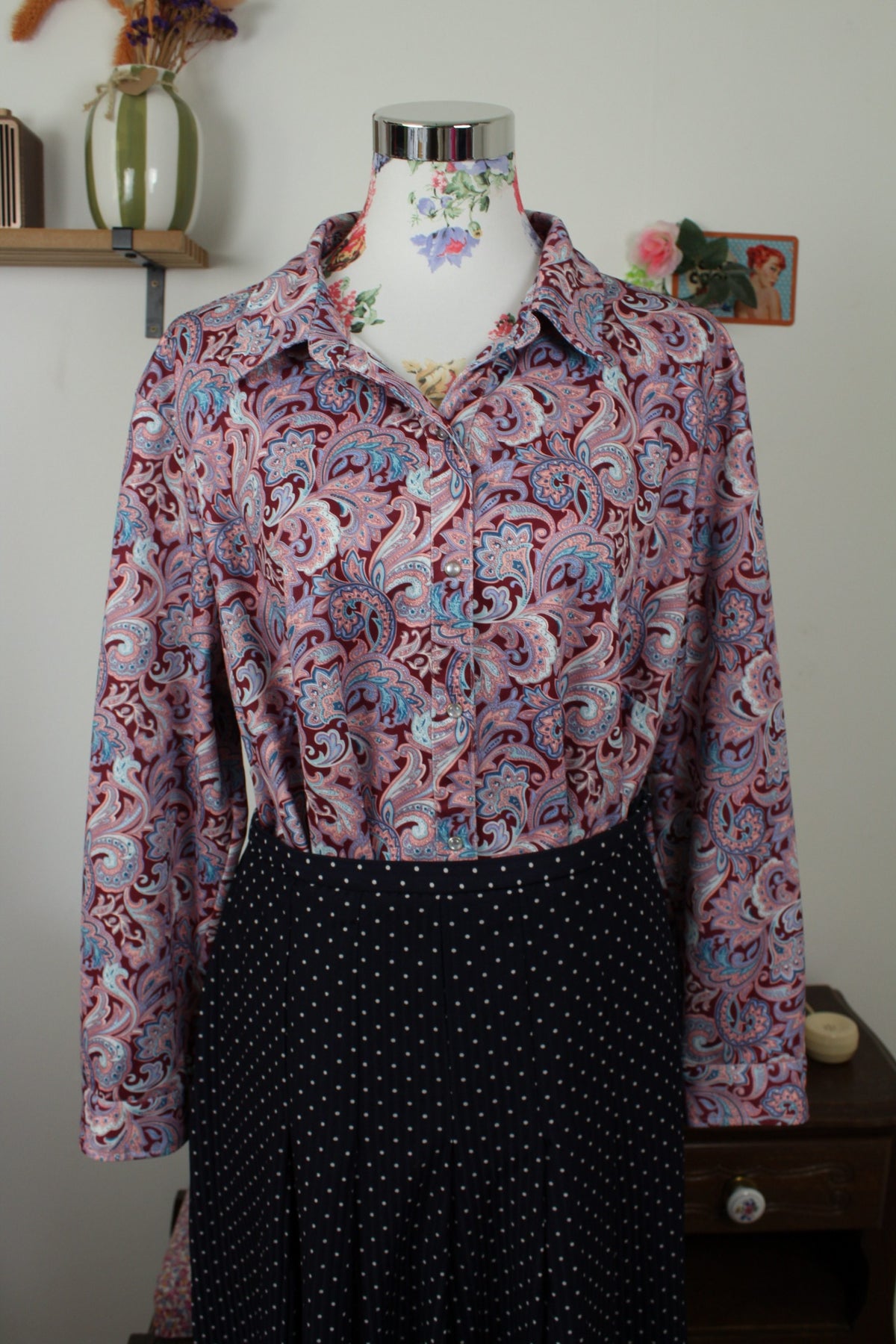 Chemise vintage années 90 fleurie baroque & boutons pressions nacrés - Taille 46/48