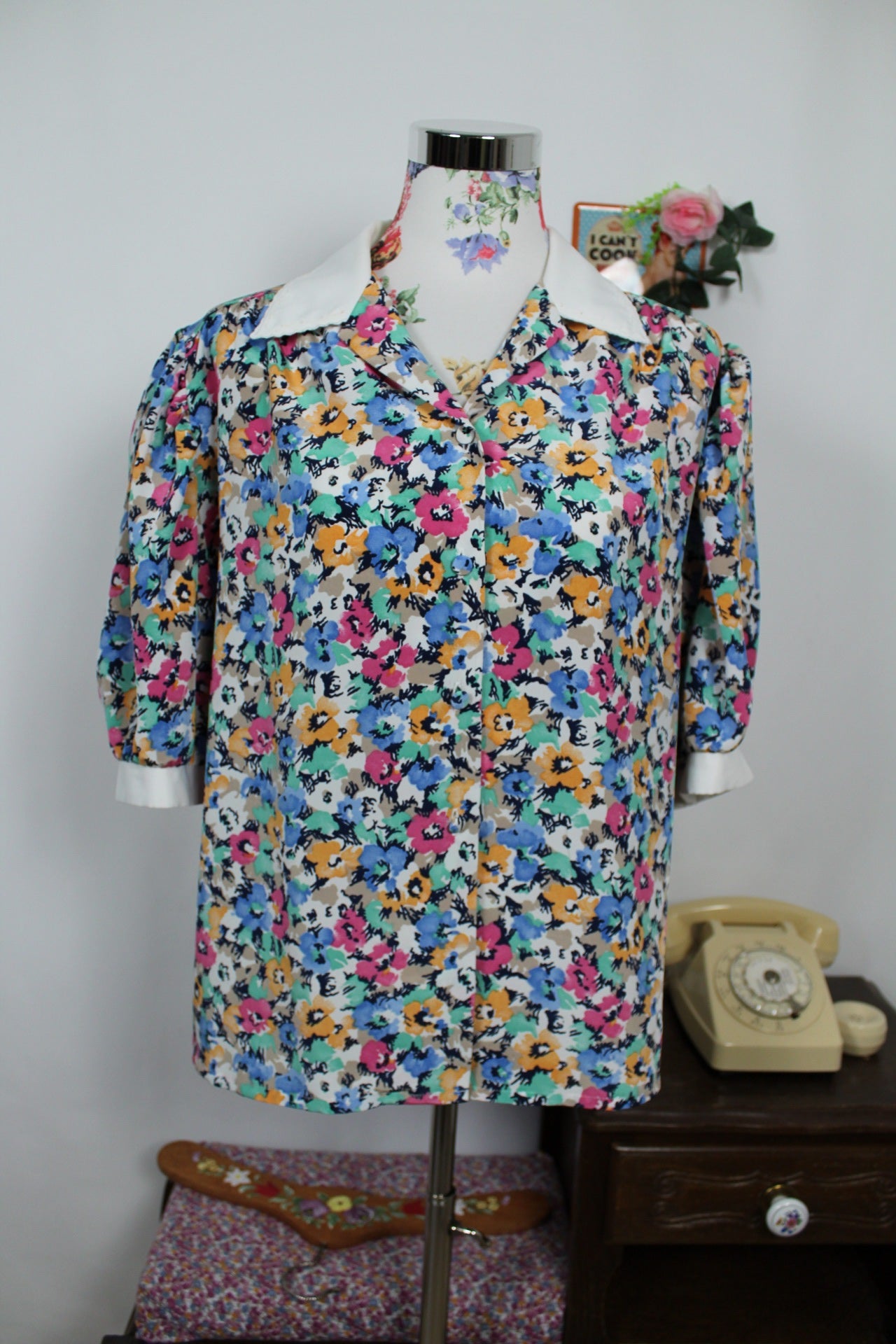 🍒🌸Chemisier vintage fleuri 70's à manches bouffantes - Maison du Jersey - Taille 42/44🌸🍒