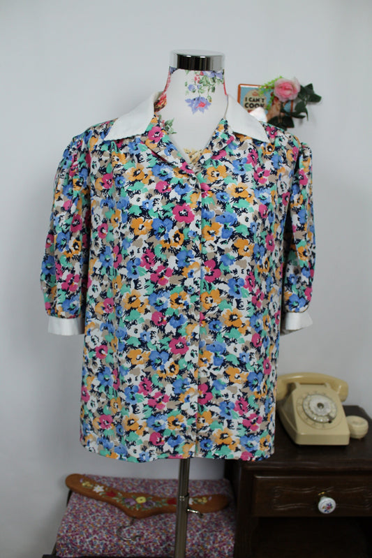 🍒🌸Chemisier vintage fleuri 70's à manches bouffantes - Maison du Jersey - Taille 42/44🌸🍒