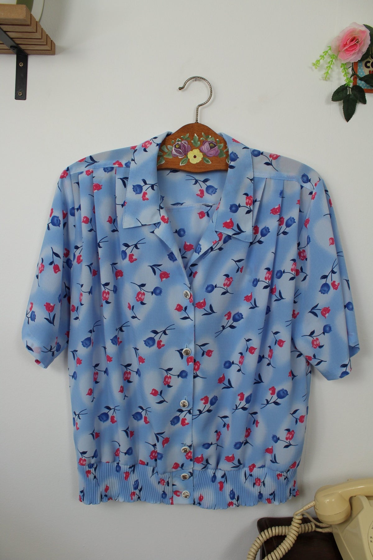 🌸🍒Chemise vintage années 90 bleu lumineux & tulipes - Taille 44/46🍒🌸