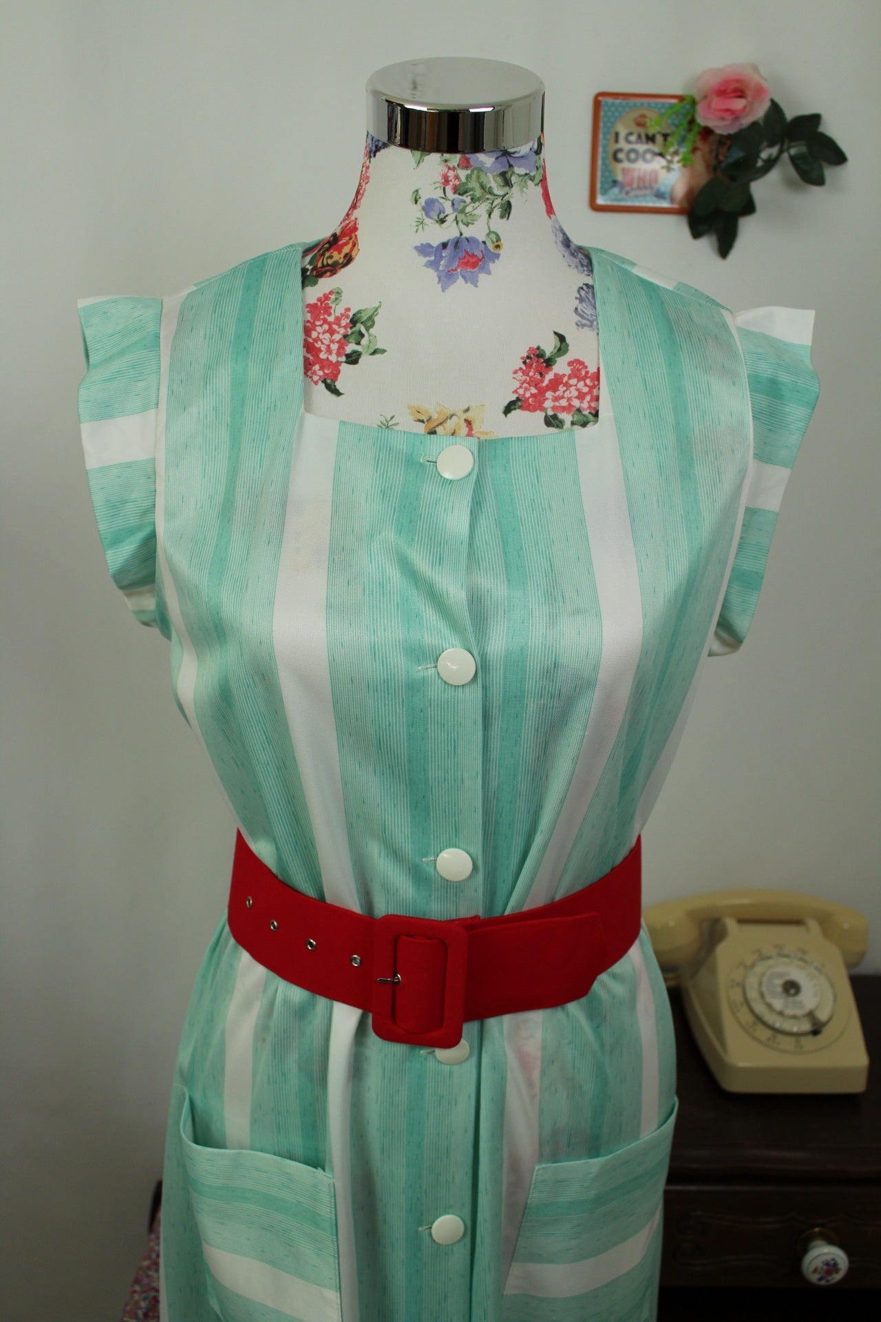 🌸🍒Robe vintage 80/90s rayée vert menthe - Taille 40/42🍒🌸