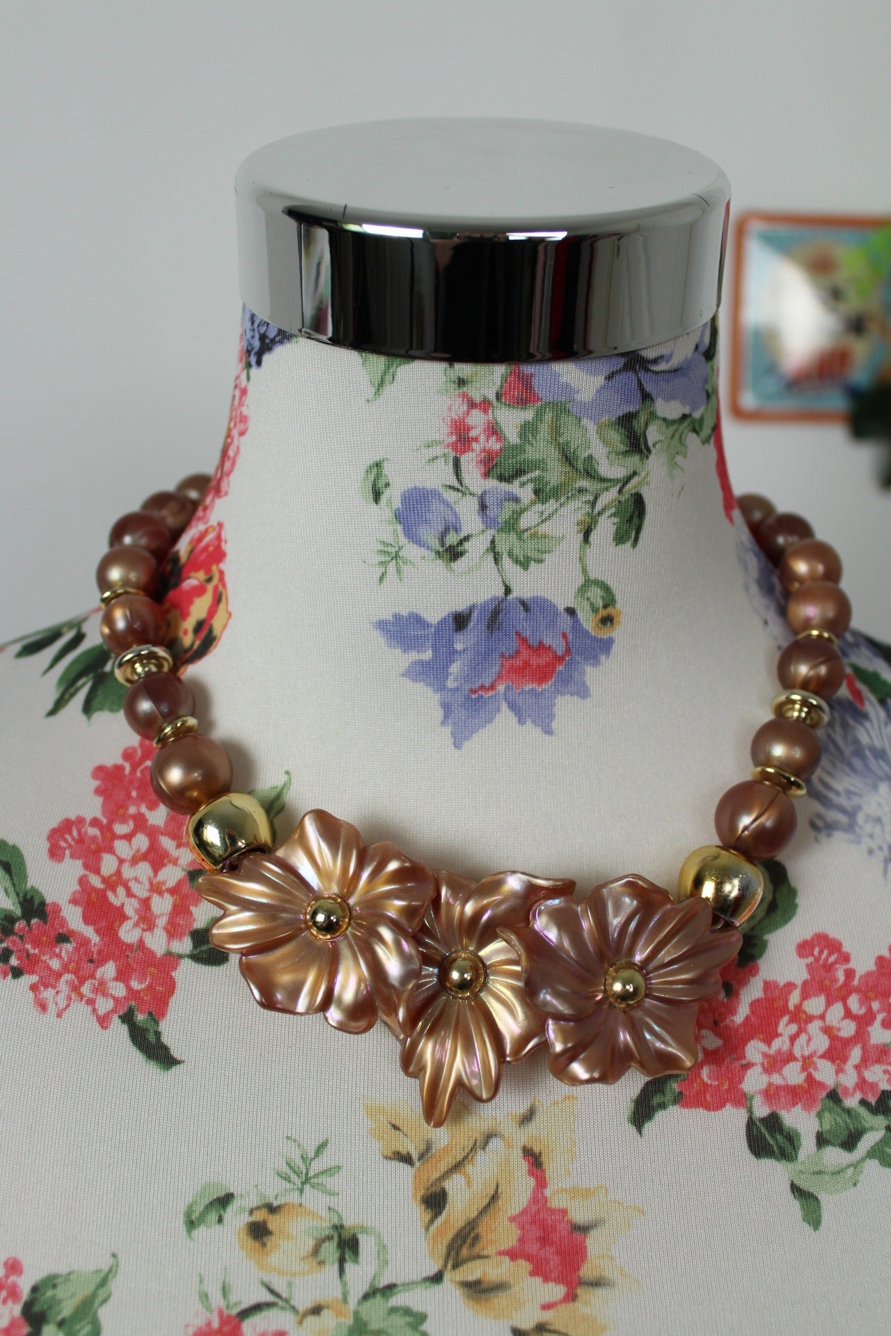 🌸🍒Collier vintage 80's perlée rondes & fleurs cuivrées🍒🌸