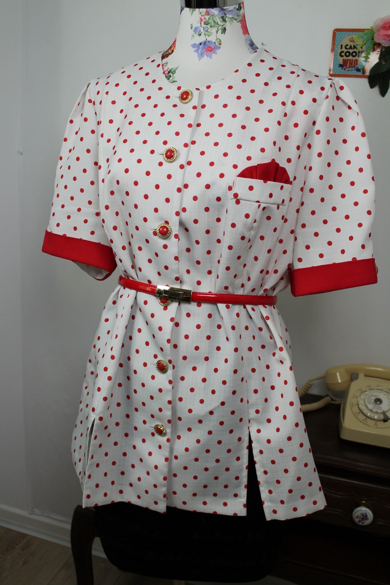 🌸🍒Blouse vintage 80's esprit tailleur pin-up rockabilly - pois & boutons bijoux - Taille 44🍒🌸