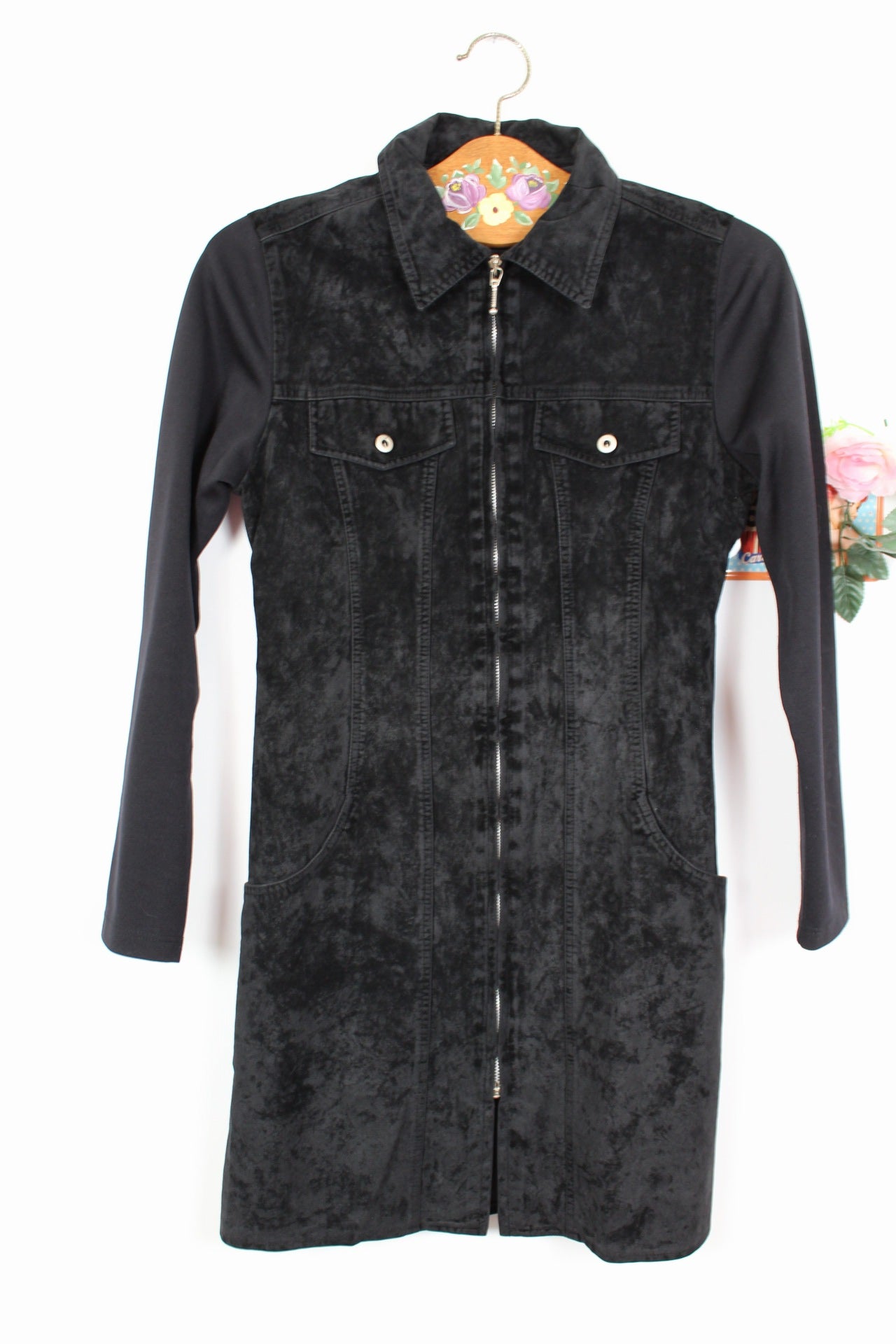 🍒🌸Veste longue vintage 90s/2000s effet daim noir - Scenic made in France - Taille 4/36