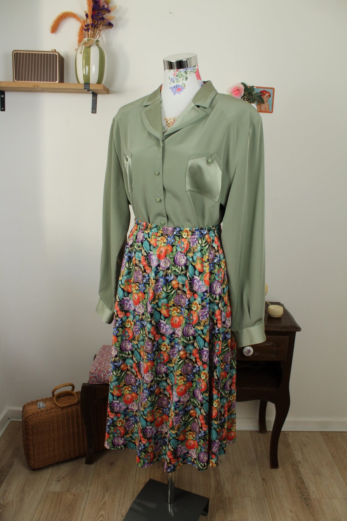 Jupe plissée vintage années 80 fleurs & fruits - Taille 46 à 52