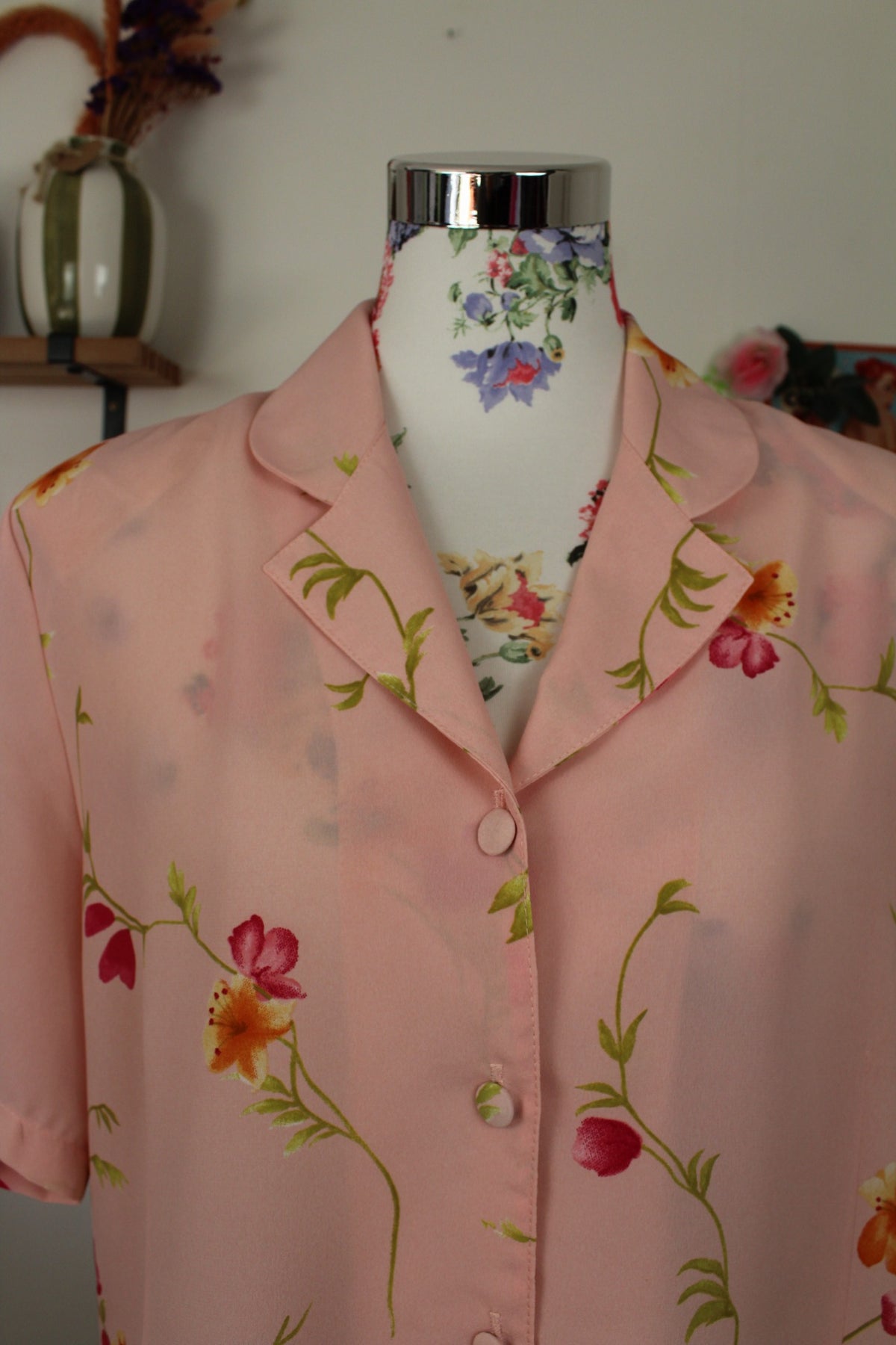 🌸🍒Chemise vintage années 80/90 rose pâle & guirlande de fleurs - Taille 42/44🍒🌸