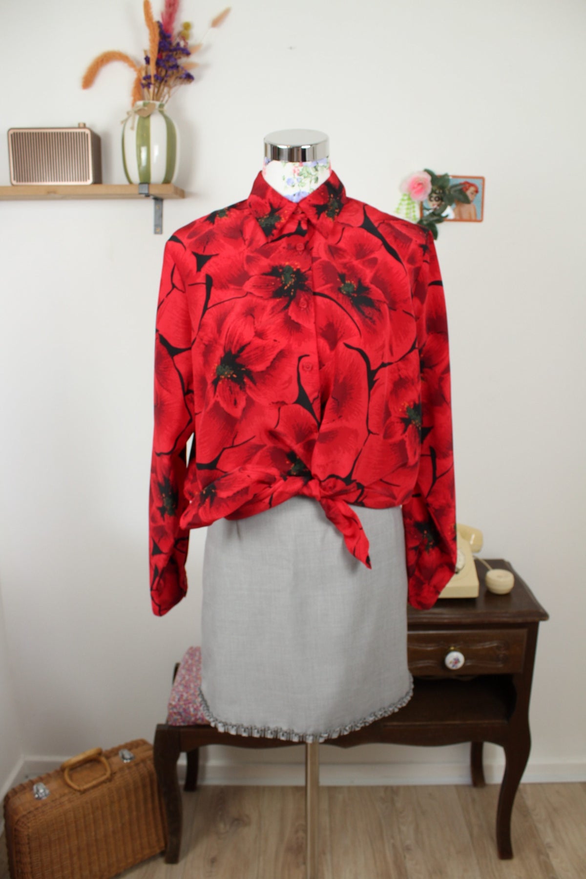 Chemise vintage années 80 romantique motif coquelicots - Taille 40/42