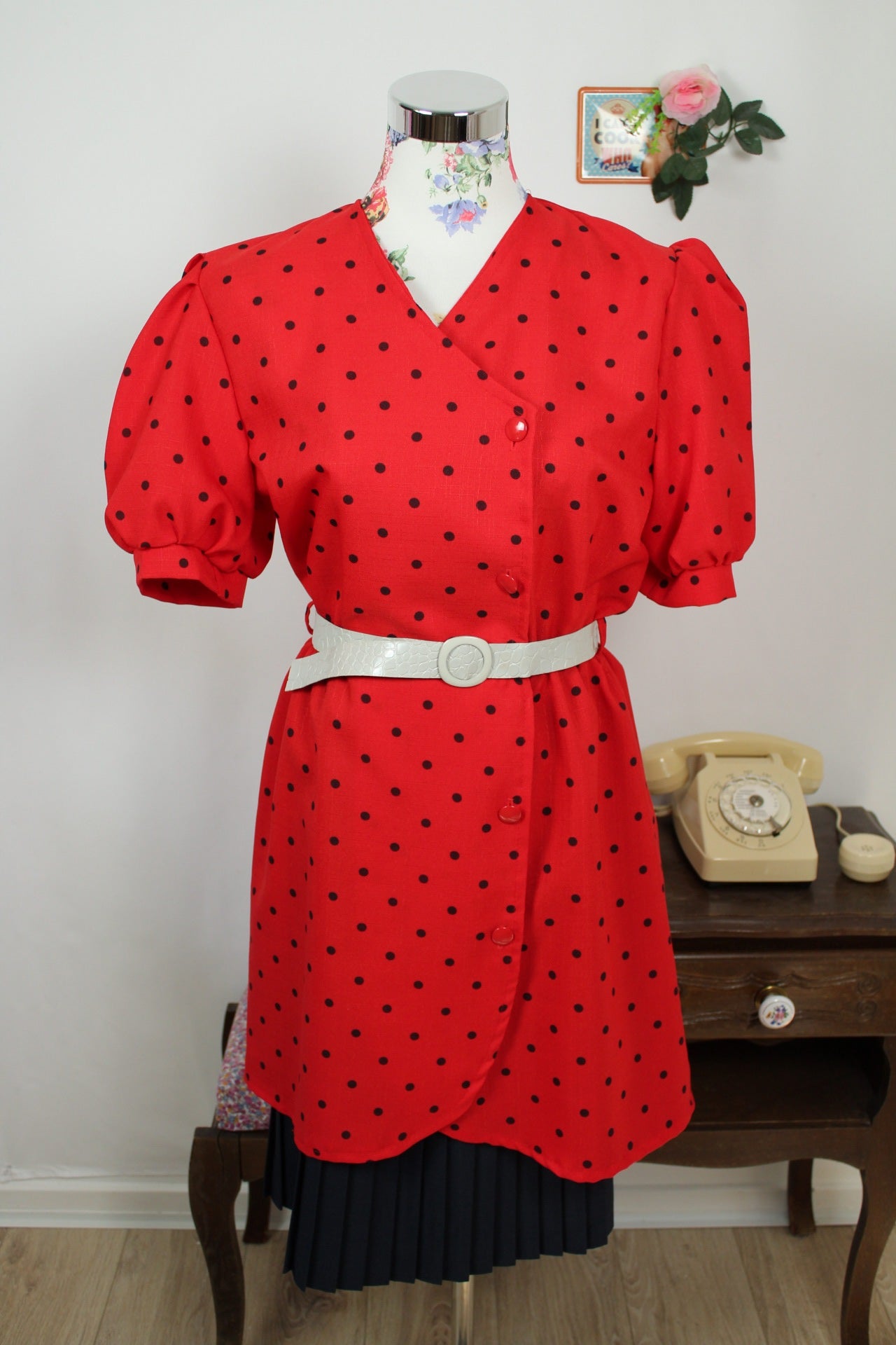 🌸🍒Robe vintage 80's rouge à pois - manches bouffantes & jupon intégré esprit 50's - Taille 38/40🍒🌸
