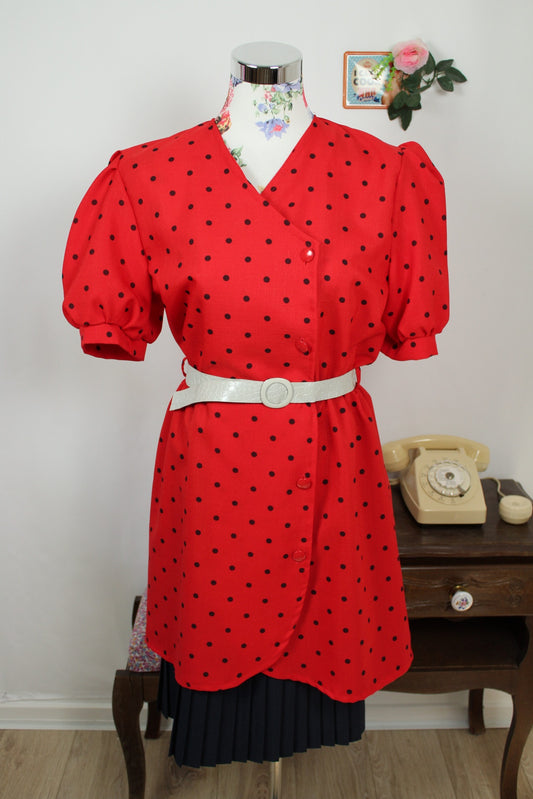 🌸🍒Robe vintage 80's rouge à pois - manches bouffantes & jupon intégré esprit 50's - Taille 38/40🍒🌸