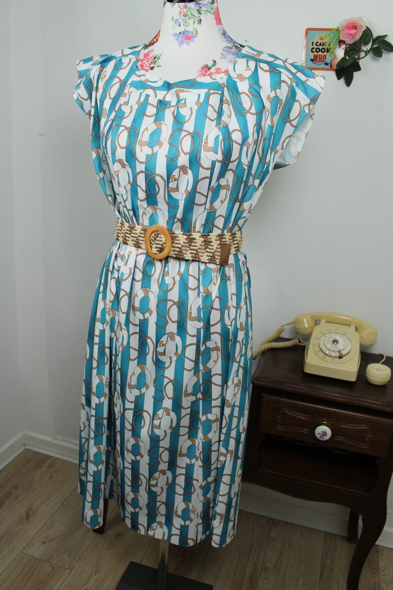 🌸🍒Robe vintage 80's Navy rayures turquoises & motifs nautiques - Taille 38 à 42🍒🌸