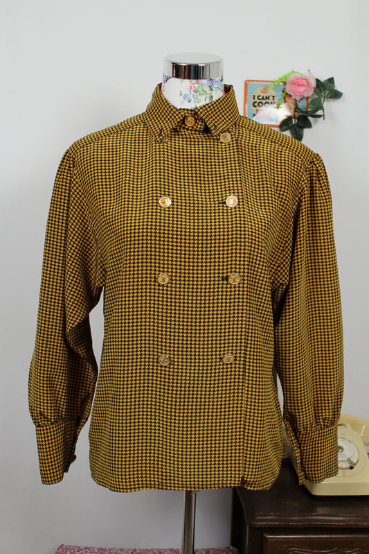 🌸🍒Chemise pieds de poule vintage 80's moutarde boutons dorés style bourgeois chic/preppy - Taille 36/38🍒🌸