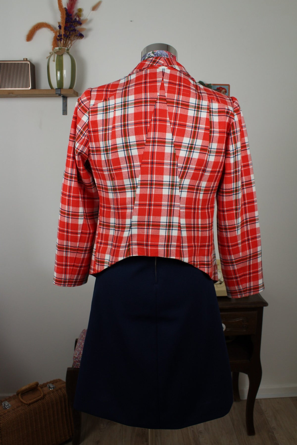 Veste vintage années 80 carreaux tartan rouge & blanc - à deux pans pointus - Taille 38
