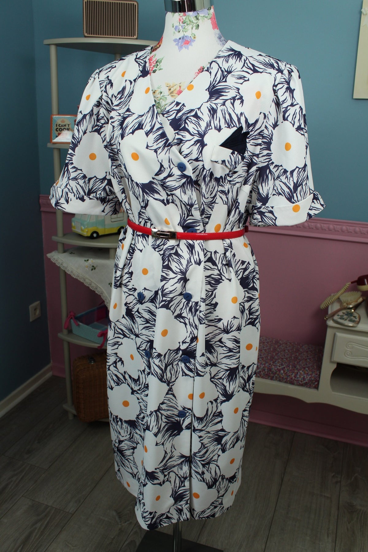 Robe vintage années 80 marguerites graphiques esprit seventies - Taille 46/48