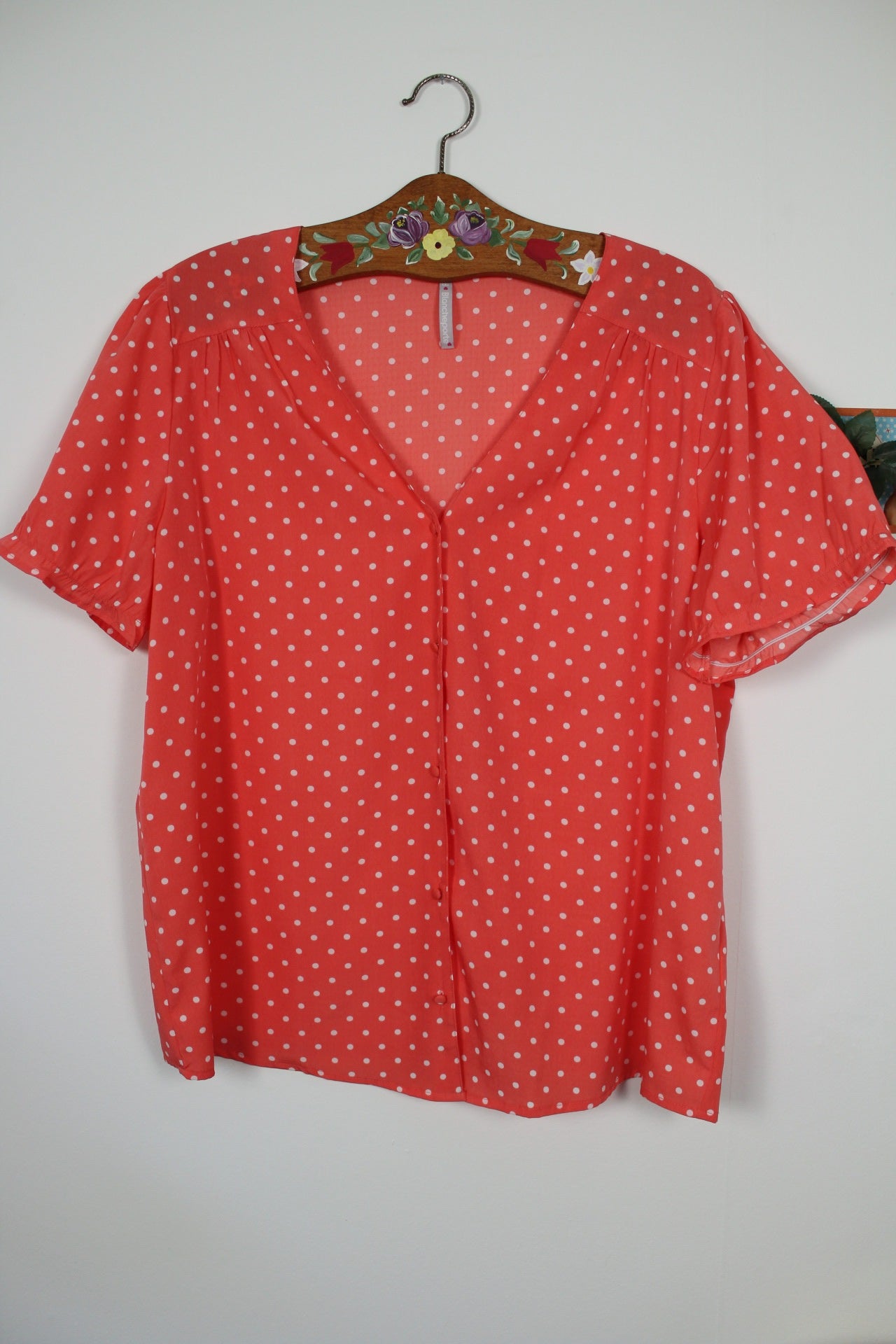 🌸🍒Blouse style rockabilly/pin-up rose corail à pois - Taille 44🍒🌸
