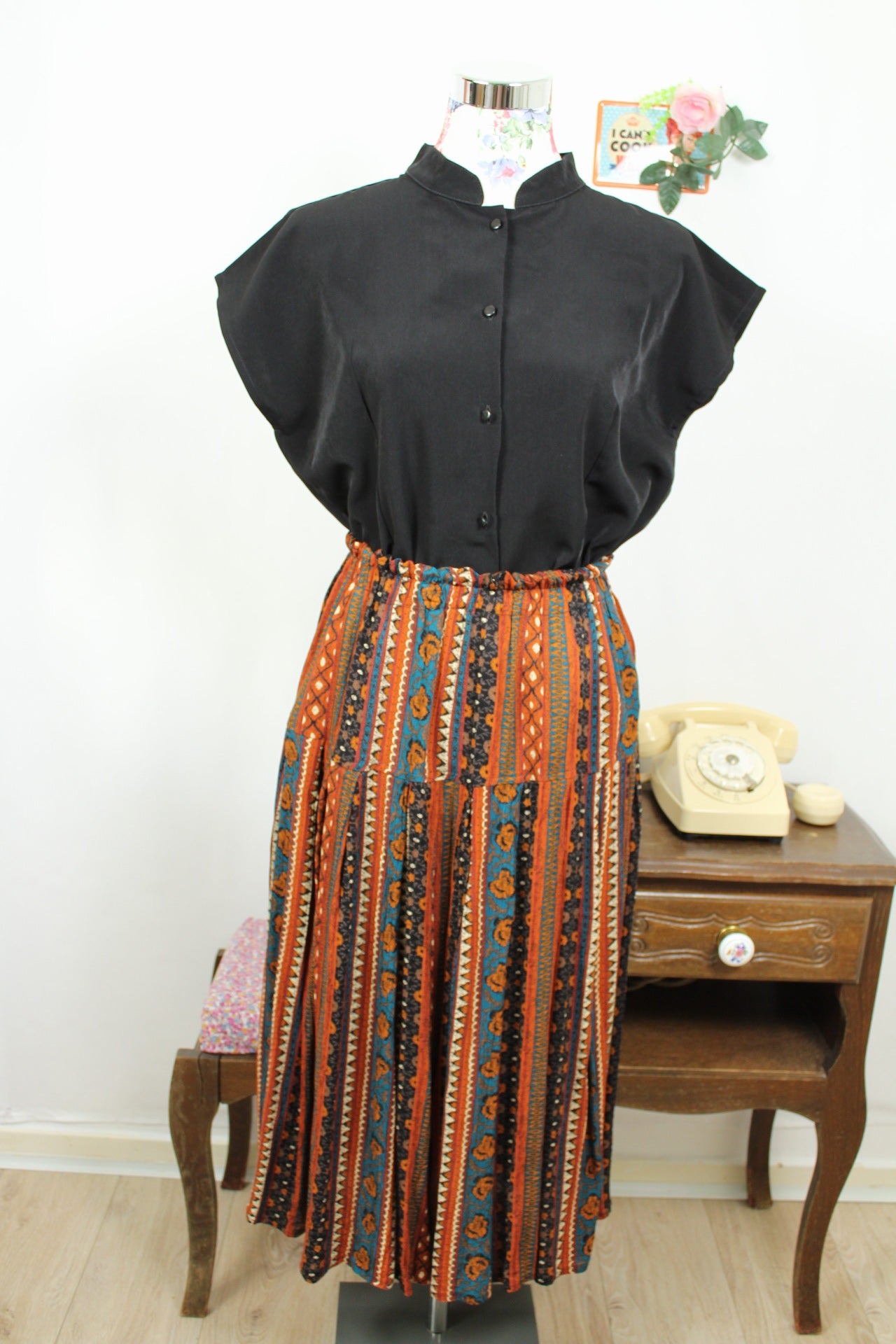 🌸🍒Jupe midi vintage 70's bohème folk terracotta & turquoise - Taille 36 à 40🍒🌸