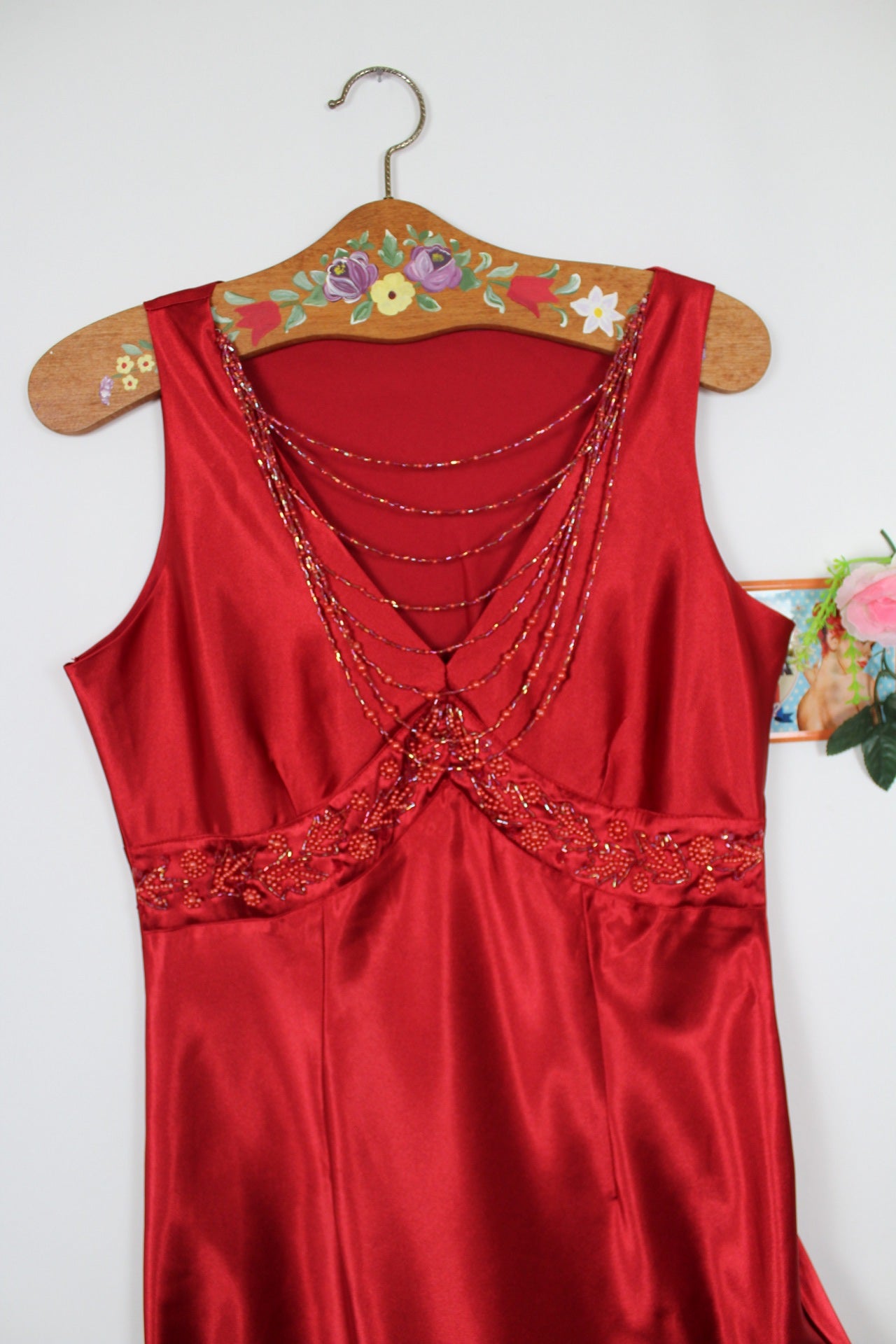 🌸🍒Robe de soirée rouge satinée vintage perlée 80/90s - collier intégré - Taille 36/38🍒🌸