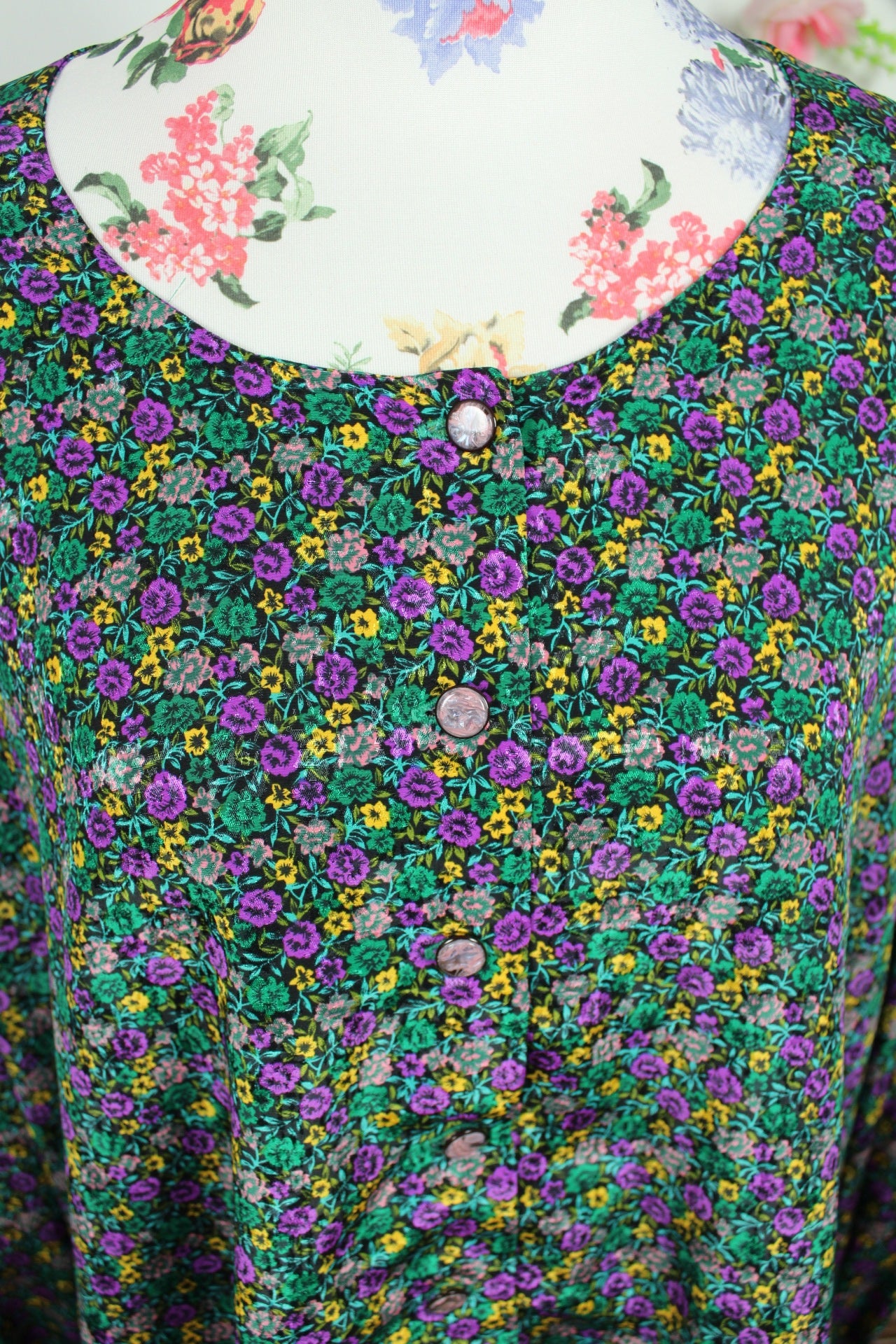 🌸🍒Blouse vintage 80/90s fait main fleurie - manches bouffantes & boutons nacrés - Taille 46/48🍒🌸