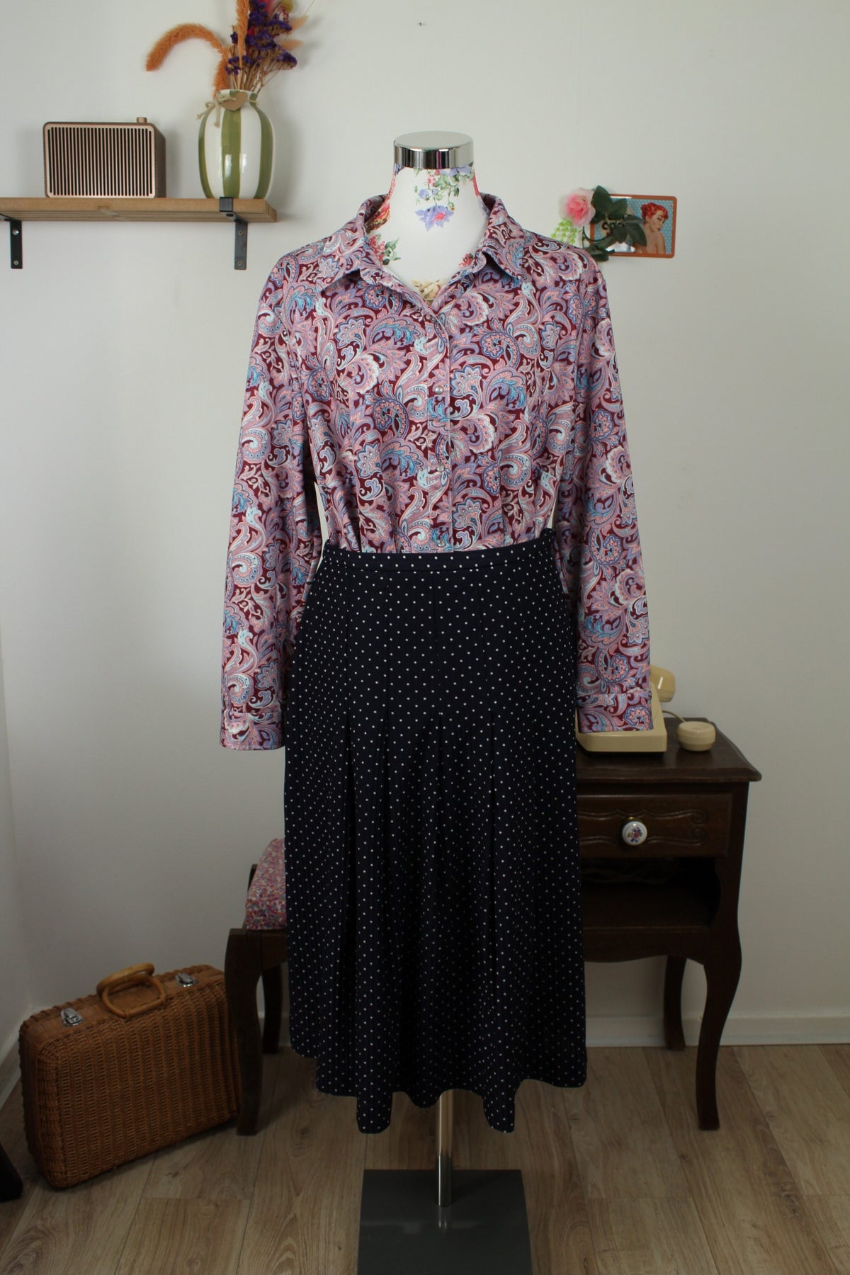 Chemise vintage années 90 fleurie baroque & boutons pressions nacrés - Taille 46/48