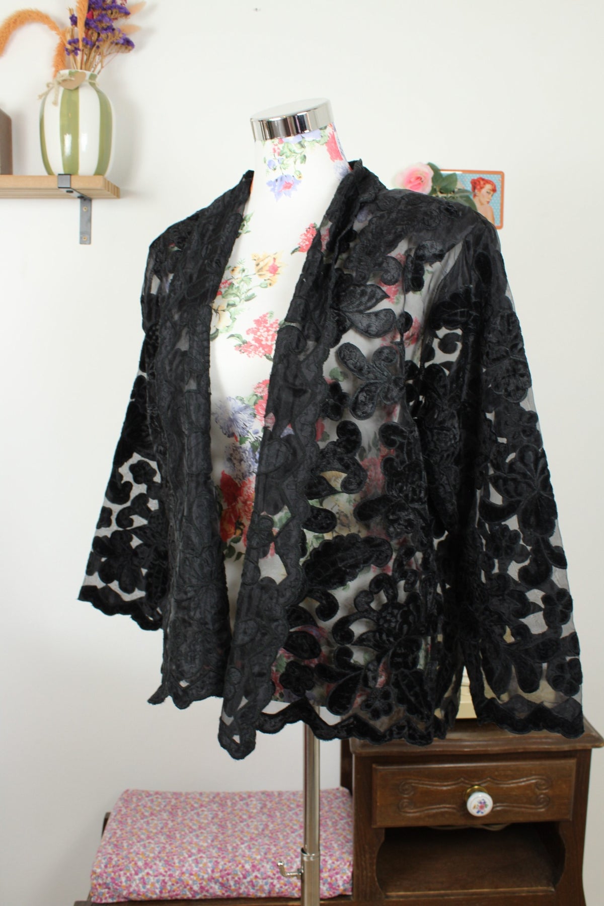 Cardigan noir transparent vintage années 80 dentelle fleurie baroque dark romantique gothique - Taille 42/44