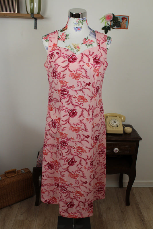 🌸🍒Robe vintage années 80 rose pin-up imprimé floral - col cœur - cottagecore Taille 40🍒🌸