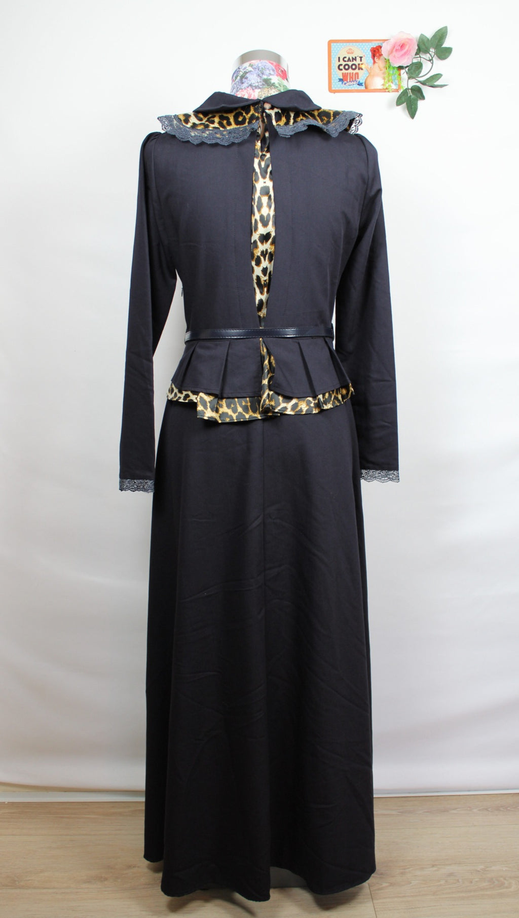 🌸Robe noire longue vintage 80's - empiècements léopard & dentelle - couture chic🍒