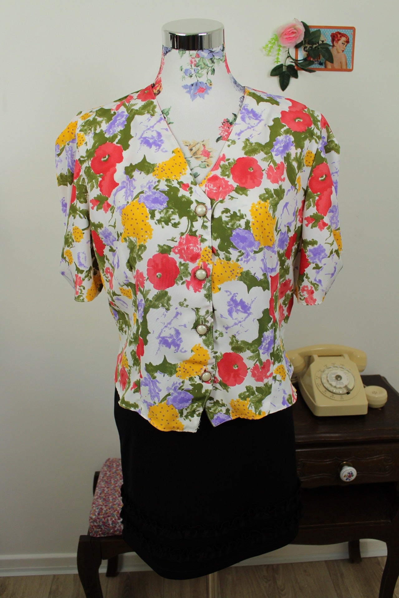 🌸🍒Blouse vintage 80's fleurie aquarelle & boutons bijoux nacrés - Taille 40/42🍒🌸