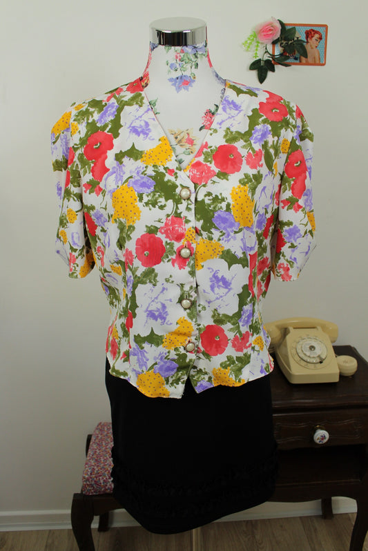 🌸🍒Blouse vintage 80's fleurie aquarelle & boutons bijoux nacrés - Taille 40/42🍒🌸
