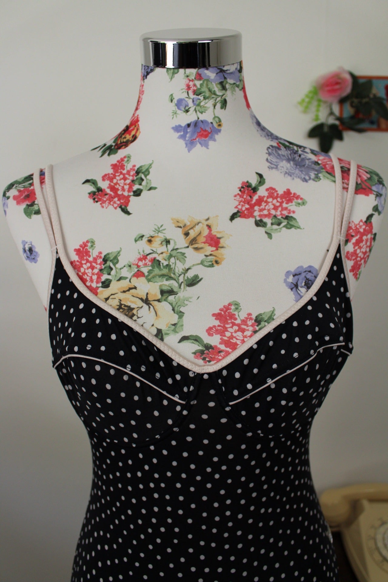 🌸🍒Maillot de bain vintage 80/90's noir & pois style pin-up - Taille 36🍒🌸