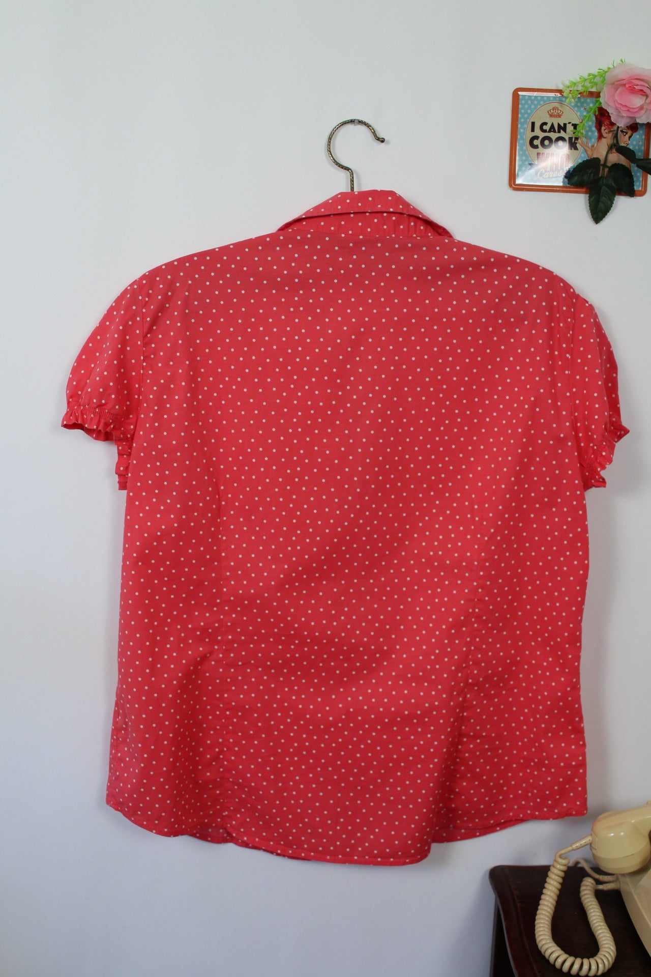 🌸🍒Chemise manches courtes vintage 90s/2000s rose bonbon à pois pin-up - Taille 42/44🍒🌸