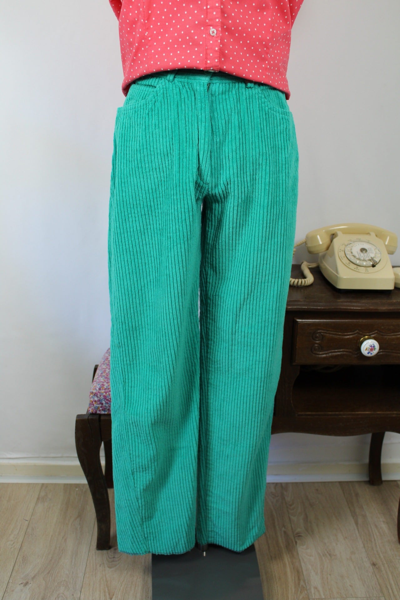🍒🌸Pantalon vintage turquoise 80's en velours côtelé coton bombaz - Taille 38🌸🍒