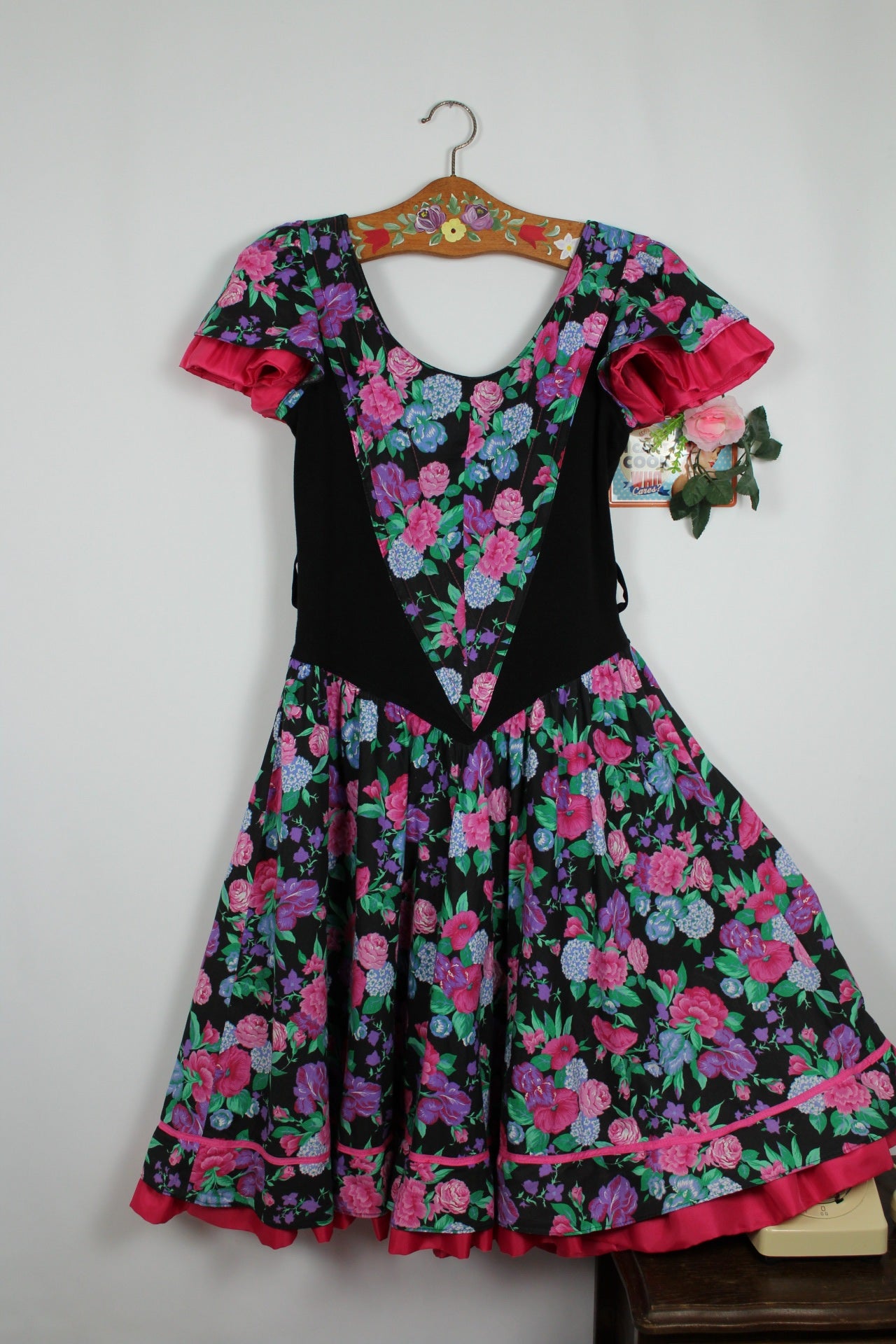 🌸🍒Robe vintage 80s plastron corset fleurie bohème romantique folk jupe évasée - Taille 36/38🍒🌸