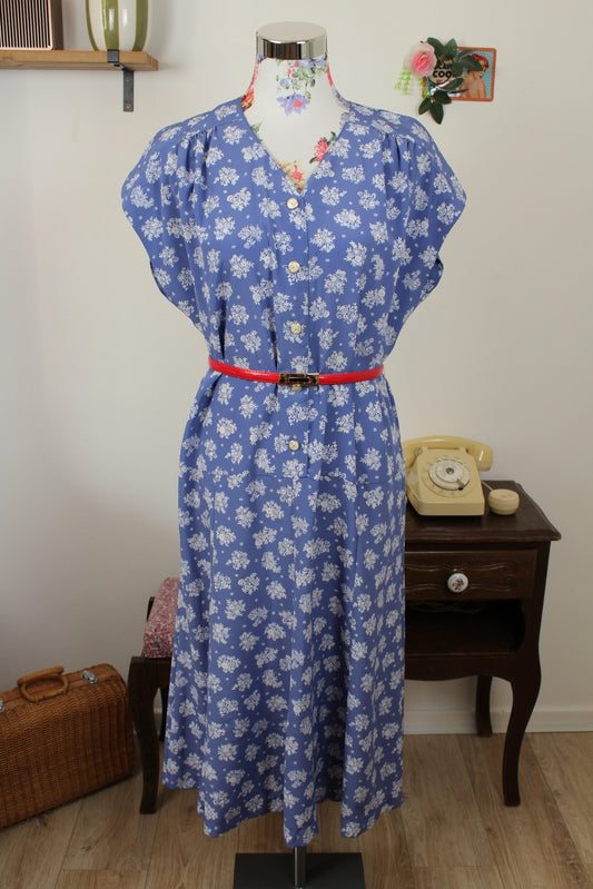 🌸🍒Robe vintage 90's bleue & bouquets de fleurs - Gevana made in France - Taille 42/44🍒🌸