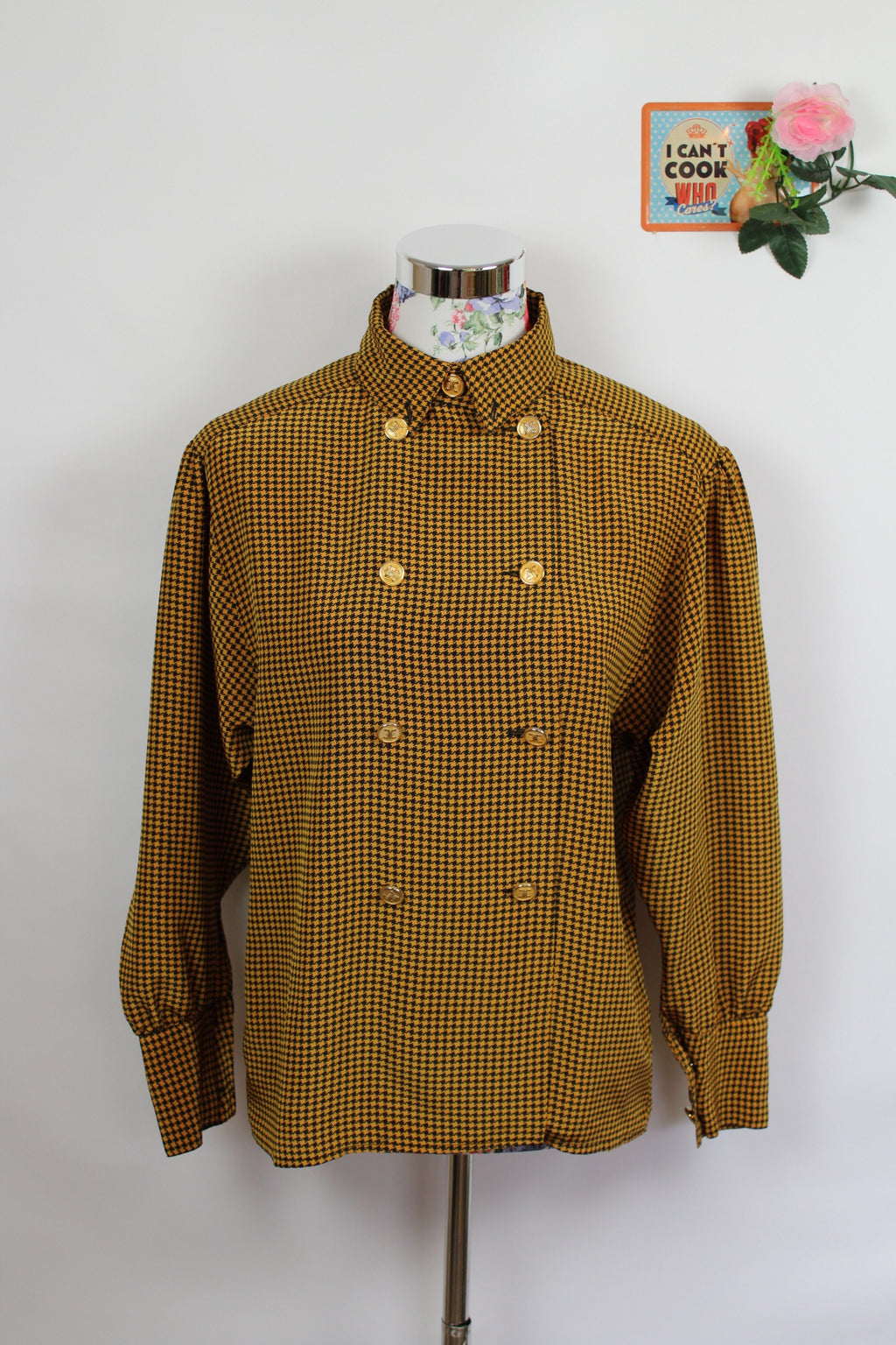 🌸Chemise vintage 80s chic - pieds de poule moutarde & boutons dorés🍒