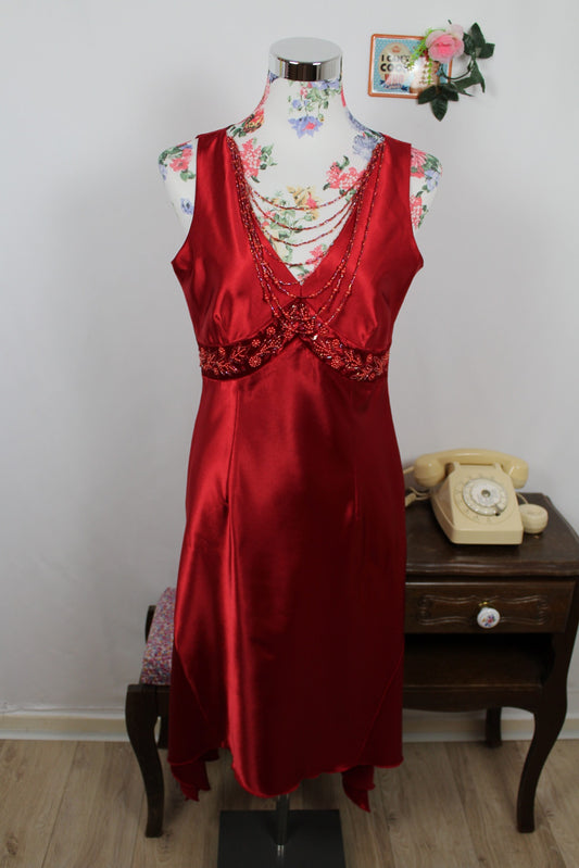 🌸🍒Robe de soirée rouge satinée vintage perlée 80/90s - collier intégré - Taille 36/38🍒🌸