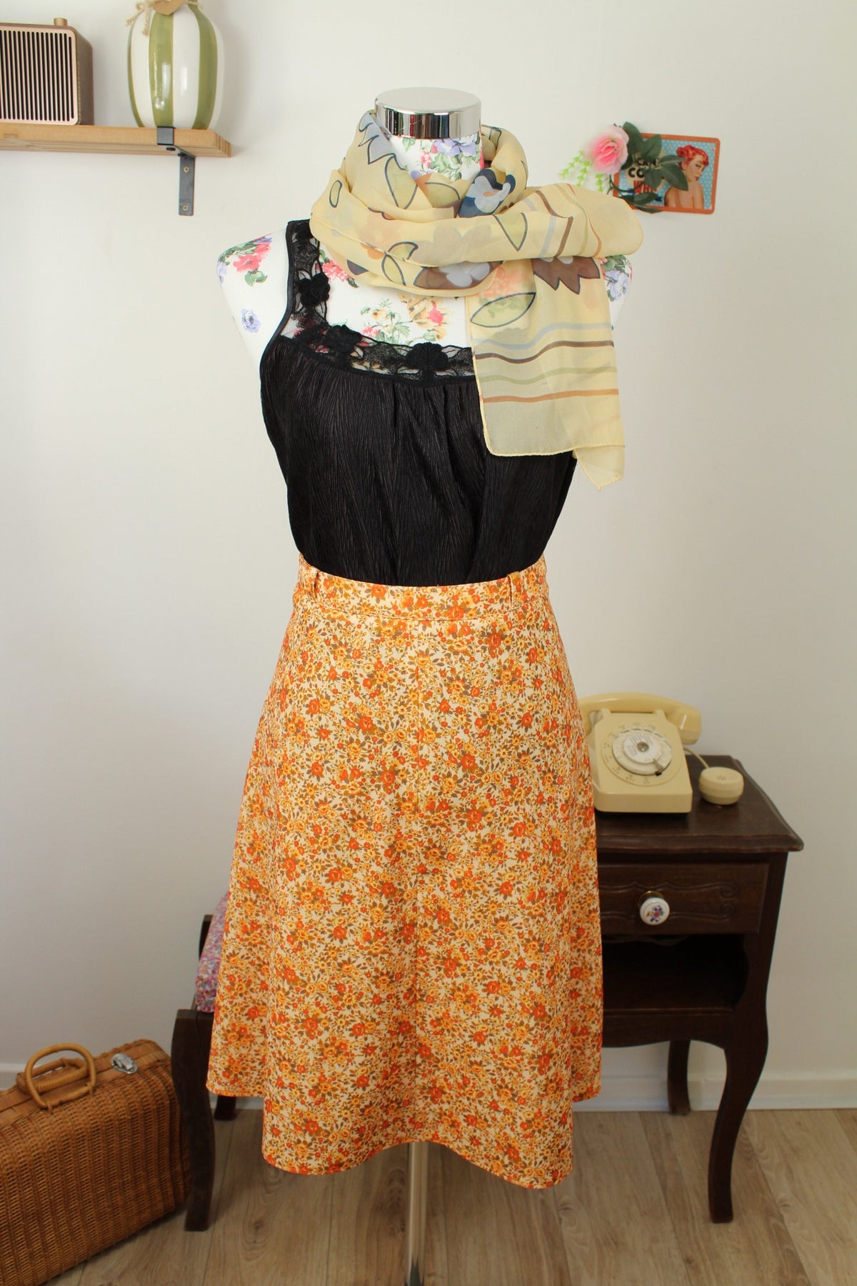 🌸🍒Foulard vintage années 80/90 fleurs géométriques XXL🍒🌸
