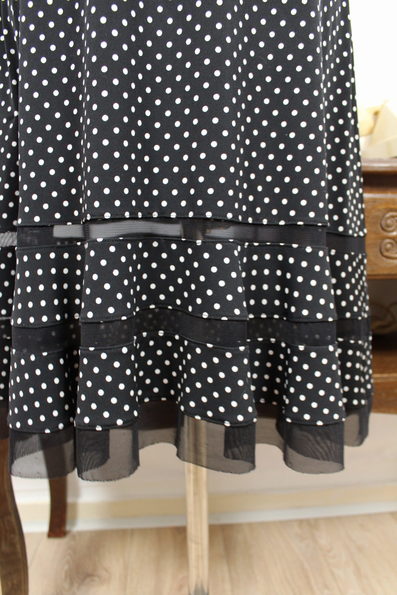 🌸🍒Robe vintage 90's noire à pois - style pin-up & volants ajourés - Joseph Ribkoff - Taille 36/38🍒🌸